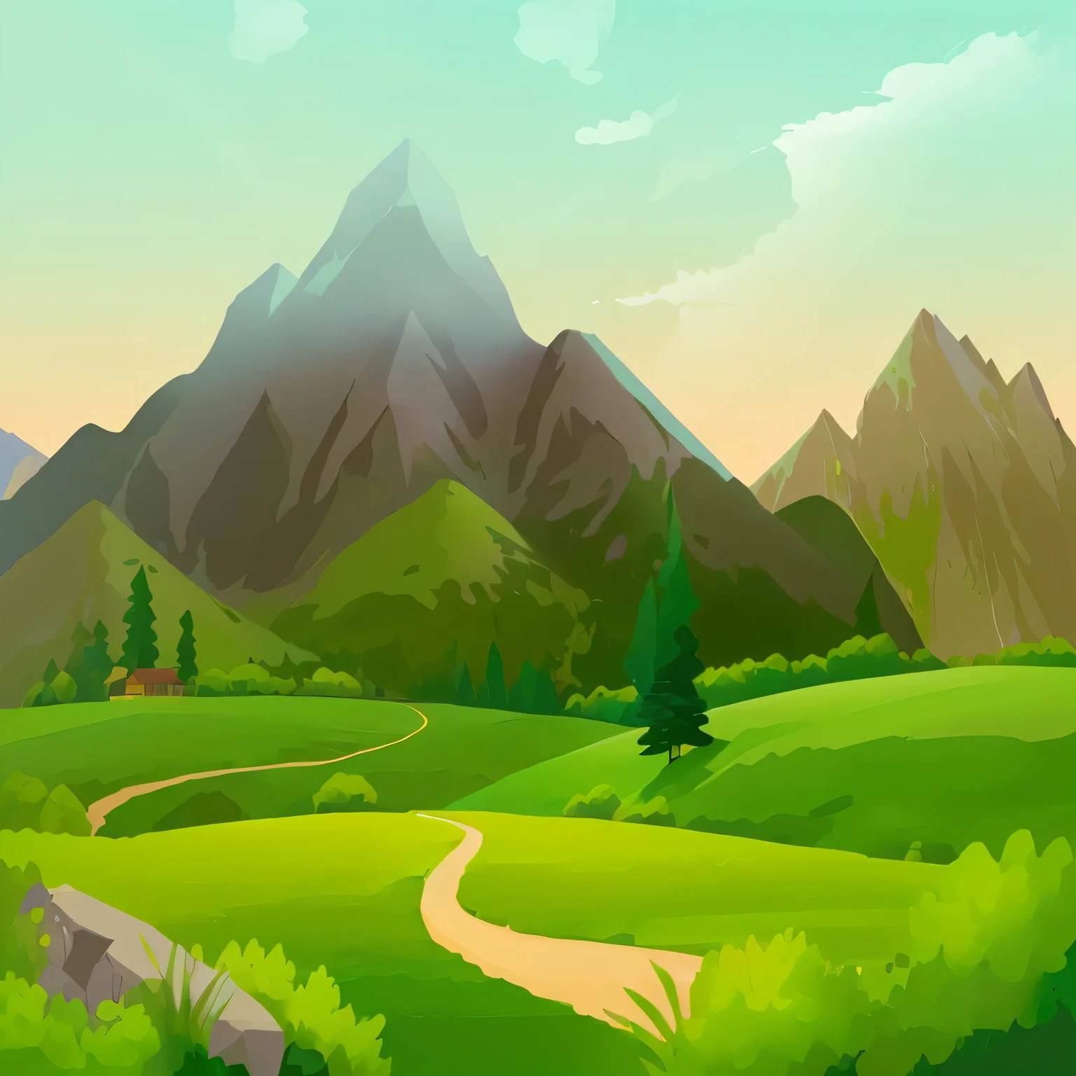 a cartoon illustration of a green mountain landscape with a winding path, beatiful mountain background, landscape wallpaper, mountain background, summer landscape with mountain, mountainous background, mountains background, landscape illustration, natural landscape background, beautiful landscape background, background mountains, mountain forest in background, lush scenic landscape, landscape background, mountain landscape, nature landscape, scenery wallpaper