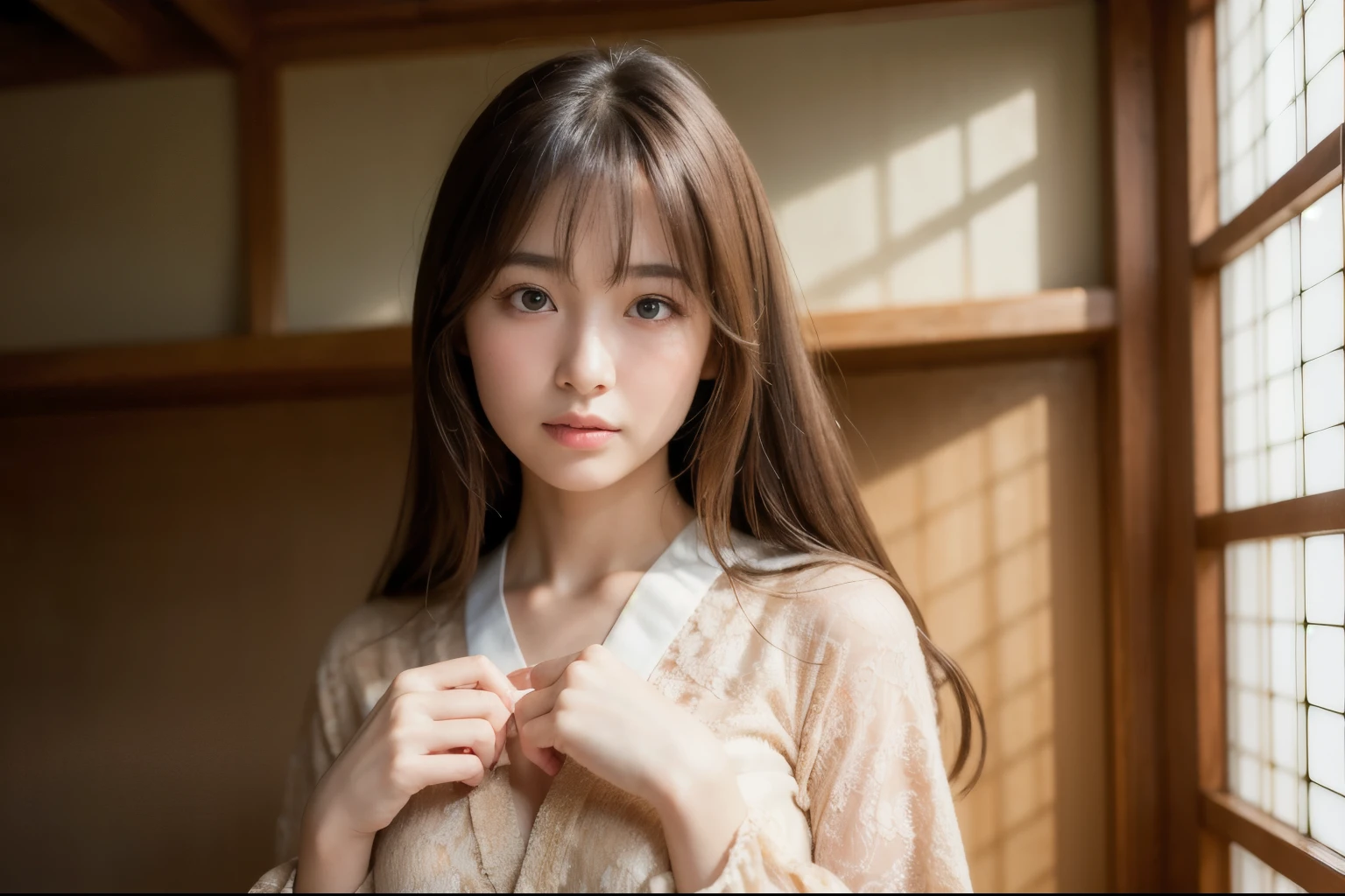 highest quality, Face Focus, Soft Light, Ultra-high resolution, (Realistic:1.4), RAW Photos,
1 Japanese girl, alone, cute, (pupil, Light in your eyes),  Beautiful face in every detail, (Small box),(High resolution detail of human skin texture),
(Long Hair),
indoor,
Damask Shirt Dress,
(Portraiture)