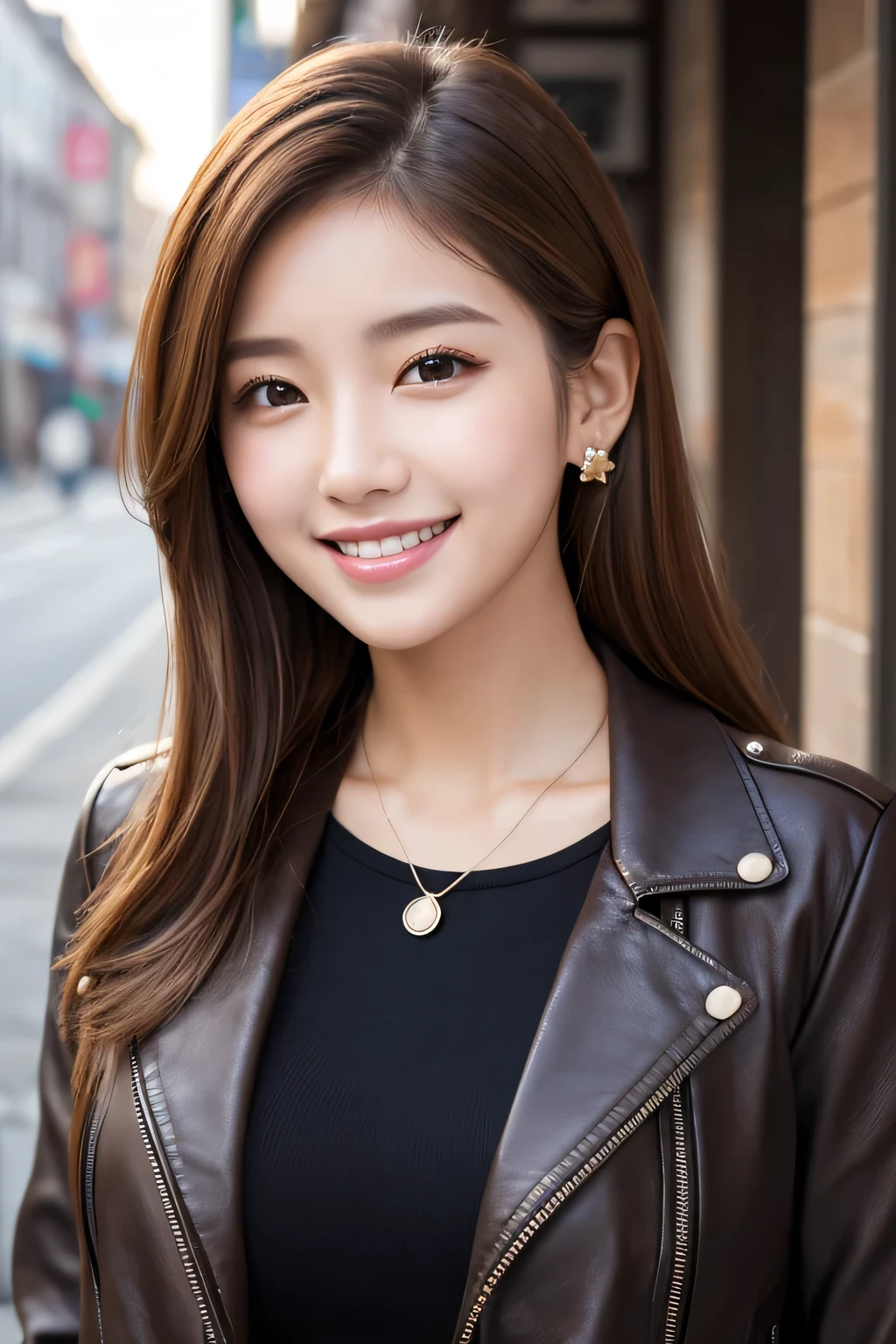 Beautiful young woman of the year、 Korean women、Light brown hair、Necklace around the neck、leather jacket、shirt、smile, Beautiful teeth alignment、Intricate details, Very detailed:1.2), 、 Looking into the camera,The background is the town、Ear piercing

、Ear piercing