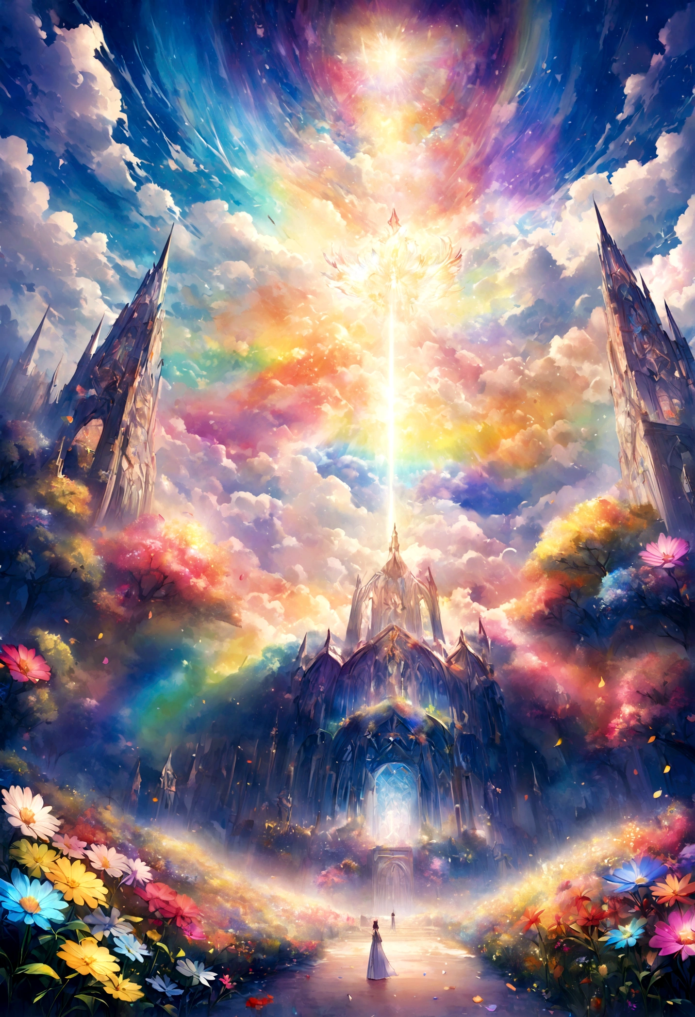 The world of Final Fantasy, a rainbow-colored flower field with no one around, each petal a rainbow color, an extremely beautiful scenery, a world of light, heaven, a world of gods, the most beautiful images, the highest quality, 8K.No people needed