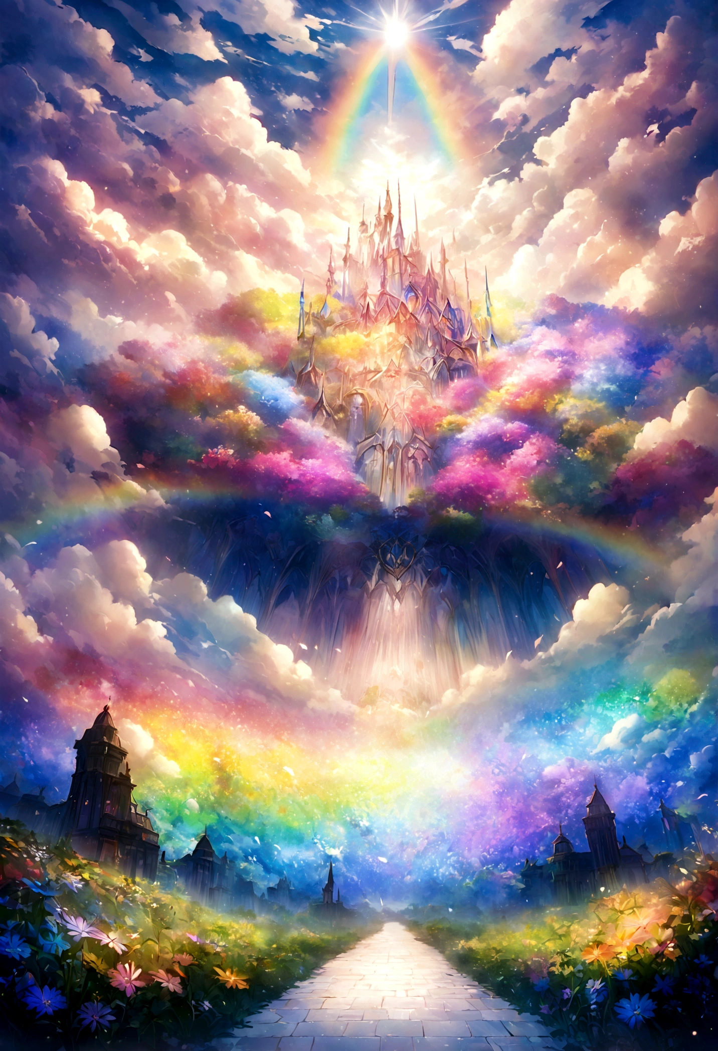 The world of Final Fantasy, a rainbow-colored flower field with no one around, each petal a rainbow color, an extremely beautiful scenery, a world of light, heaven, a world of gods, the most beautiful images, the highest quality, 8K.No people needed