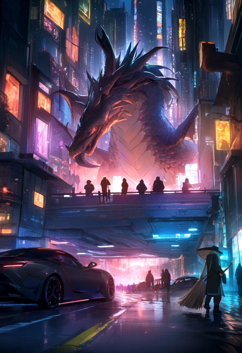 (masterpiece, illustration, best quality:1.2), detailed, intricate, 8k, HDR, cinematic lighting, sharp focus, photo, , (dragon, dragon holding broom, holding broom, dragon sweeping road with broom:1.2), broom, multiple wings, , detailed background, road, (cyberpunk city:1.2), cars, people, citizens, passers-by, peaceful life,