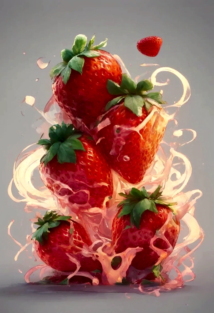 a close up of a bunch of apple with a splash of liquid, fight with strawberry, inspired by yanjun cheng, by yanjun cheng, author Ryan Yee, 🌺 CG Society, Amazing food illustrations, apple, Highly detailed digital painting, author:Russell Dongjun Lu, author:Adam Malchinsky, by Rostland, apple, The numbers are very detailed
