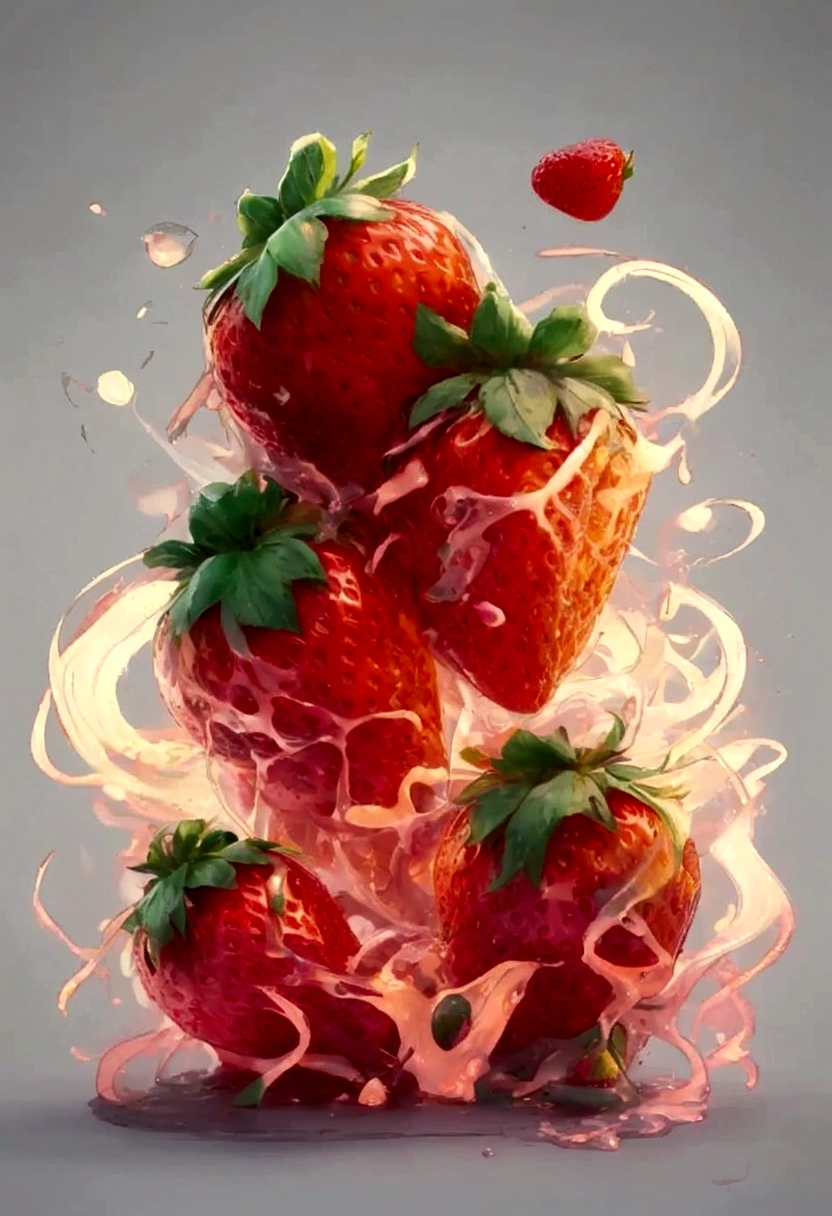 a close up of a bunch of apple with a splash of liquid, fight with strawberry, inspired by yanjun cheng, by yanjun cheng, author Ryan Yee, 🌺 CG Society, Amazing food illustrations, apple, Highly detailed digital painting, author:Russell Dongjun Lu, author:Adam Malchinsky, by Rostland, apple, The numbers are very detailed