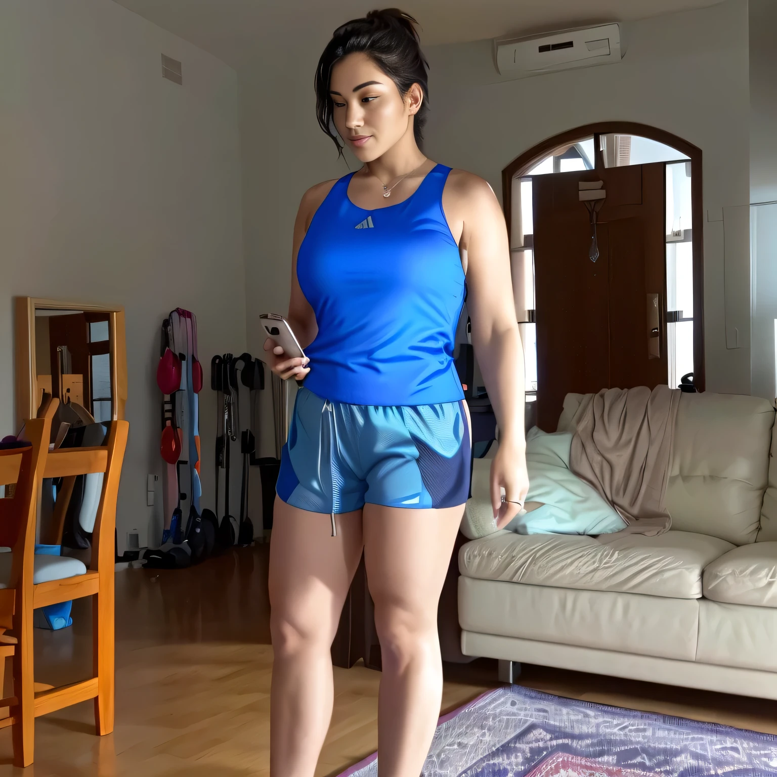 woman in blue shirt and shorts standing in living room using cell phone, wearing fitness gear, wearing a camisole and shorts, wearing track and field suit, wearing a tank top and shorts, sport bra and dark blue shorts, in shorts, sport bra and shorts, side view of her taking steps, in good physical shape, full body wide shot