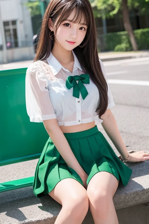 beautiful girl、Idol、high school girl、See-through、Green mini skirt、sit
