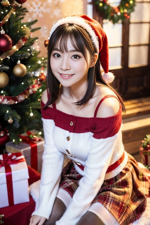 Ulzzang-6500-v1.1, (RAW Photos:1.2), (Photorealistic), Beautiful detailed girl, (Genuine: 1.4), Very detailedな目と顔, Beautiful and fine details, (A girl in a cute red Santa Claus costume, A woman wearing a cute red Santa Claus skirt,Standing in front of a beautifully decorated Christmas tree),, ((Ultra-realistic pantyhose:1.2)), Squat on the floor、Selfie、Instagram、game_Hmph, Large file size, High resolution, Very detailed, highest quality, [masterpiece:1.6], Awareness-raising, Very detailed, Hmph, In detail, highest quality, 8k wallpaper, Cinema Lighting, One Girl, , Perfect figure, Cute eyes、Beautiful big eyes、Pieck Finger, ((Tabletop)), highest quality, One Girl, eye shadow,  Idol Makeup、Portraiture, ((Full Body Shot:1.4))、(A very loving smile:1.2)、Realistic skin texture、Glowing Skin、Exposed thighs!!! Christmas,Fun atmosphere,Sparkling Light,Soft snow falls,highest quality,4K,Super detailed,Vibrant colors,Pine aroma,comfortable,romantic,Hilarious,Nice views,Warmth,happiness,Magic,Holiday spirit,Winter Wonderland,Pure love and kindness.、Off the shoulder、I keep my hair short、Baby Face、
