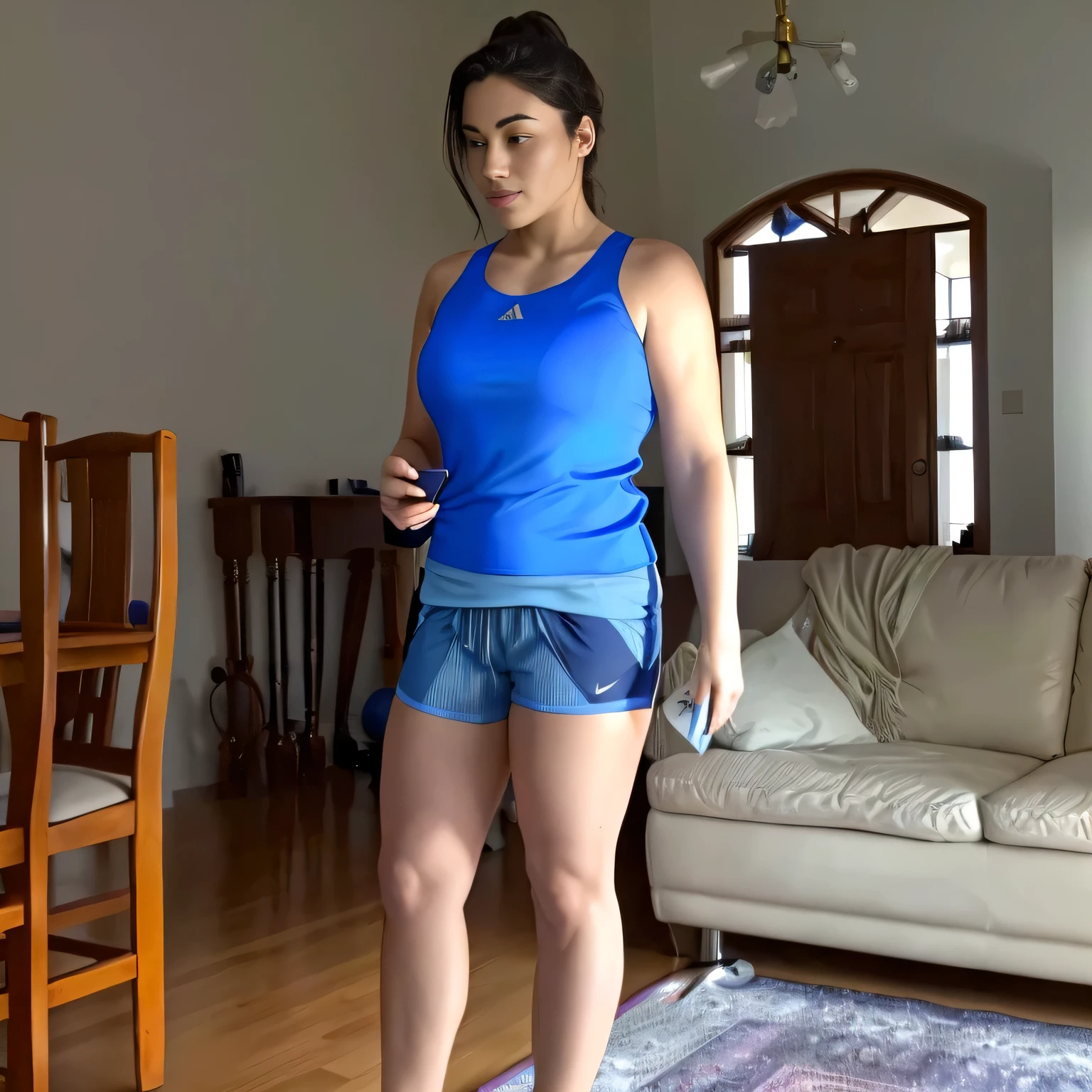 woman in blue shirt and shorts standing in living room using cell phone, wearing fitness gear, wearing a camisole and shorts, wearing track and field suit, wearing a tank top and shorts, sport bra and dark blue shorts, in shorts, sport bra and shorts, side view of her taking steps, in good physical shape, full body wide shot