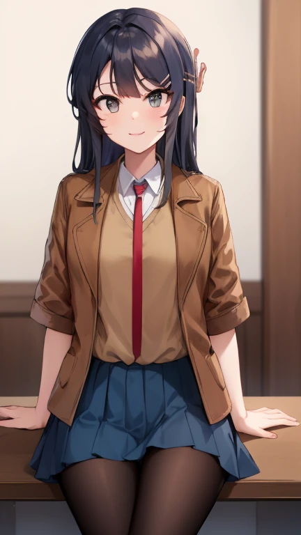 Mai Sakurajima, Sitting on a chair in the room, pale light, Smiling, skirt, shirt, , white shirt, short sleeves, pantyhose, pleated skirt, collared shirt, blue skirt, black pantyhose, red necktie, jacket, (brown jacket:1.5), high-level image quality、8k、​masterpiece