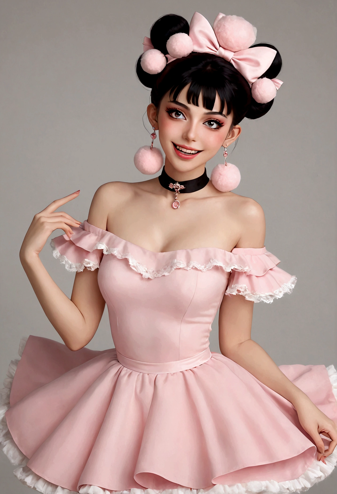 beautiful woman,detailed eyes,gorgeous makeup,pink eyeshadow,wide open smile,sharp fangs,large fluffy tail,voluminous black high bun,wispy bangs,pink fluffy pom pom earrings,high collar pink maid dress,bare shoulders,midriff exposed,multilayered lace frills,hand gestures,magic spell,(best quality,4k,8k,highres,masterpiece:1.2),ultra-detailed,(realistic,photorealistic,photo-realistic:1.37),vibrant colors,dramatic lighting