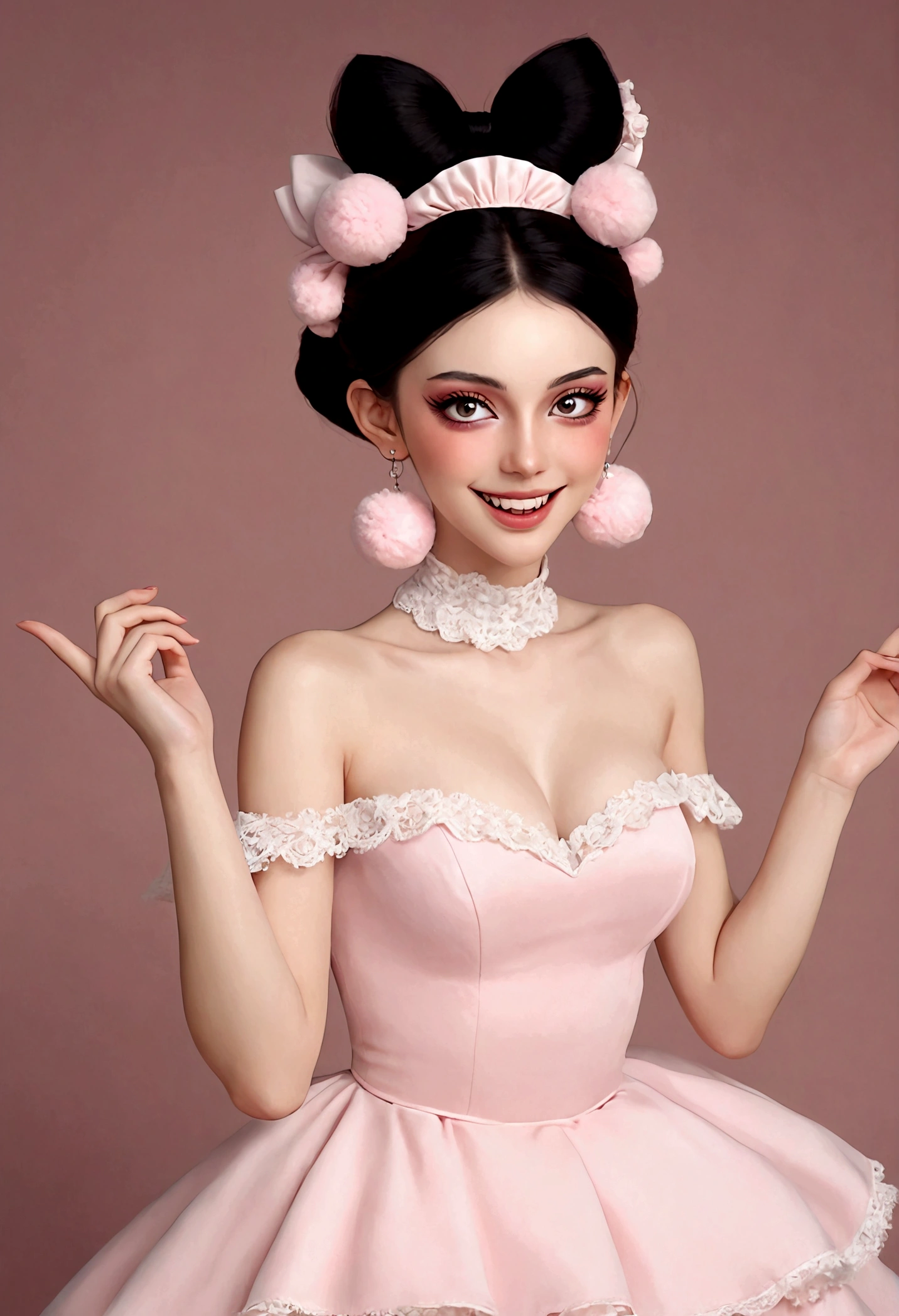 beautiful woman,detailed eyes,gorgeous makeup,pink eyeshadow,wide open smile,sharp fangs,large fluffy tail,voluminous black high bun,wispy bangs,pink fluffy pom pom earrings,high collar pink maid dress,bare shoulders,midriff exposed,multilayered lace frills,hand gestures,magic spell,(best quality,4k,8k,highres,masterpiece:1.2),ultra-detailed,(realistic,photorealistic,photo-realistic:1.37),vibrant colors,dramatic lighting