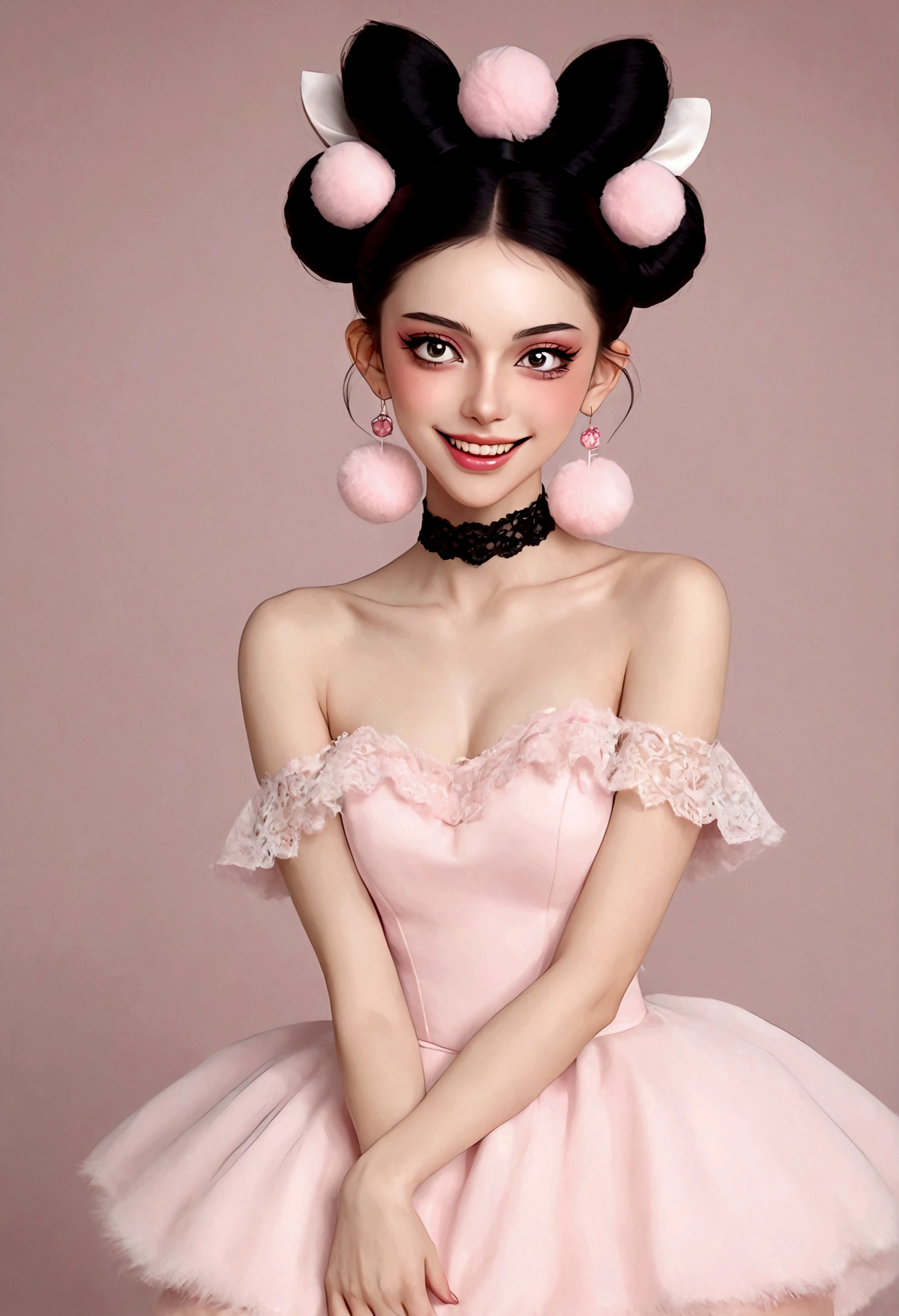 beautiful woman,detailed eyes,gorgeous makeup,pink eyeshadow,wide open smile,sharp fangs,large fluffy tail,voluminous black high bun,wispy bangs,pink fluffy pom pom earrings,high collar pink maid dress,bare shoulders,midriff exposed,multilayered lace frills,hand gestures,magic spell,(best quality,4k,8k,highres,masterpiece:1.2),ultra-detailed,(realistic,photorealistic,photo-realistic:1.37),vibrant colors,dramatic lighting