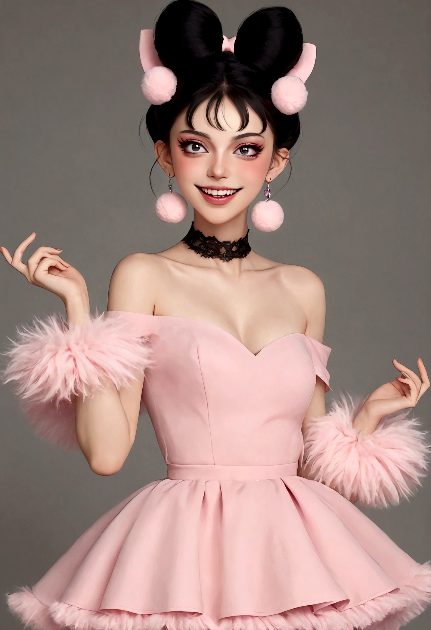 beautiful woman,detailed eyes,gorgeous makeup,pink eyeshadow,wide open smile,sharp fangs,large fluffy tail,voluminous black high bun,wispy bangs,pink fluffy pom pom earrings,high collar pink maid dress,bare shoulders,midriff exposed,multilayered lace frills,hand gestures,magic spell,(best quality,4k,8k,highres,masterpiece:1.2),ultra-detailed,(realistic,photorealistic,photo-realistic:1.37),vibrant colors,dramatic lighting