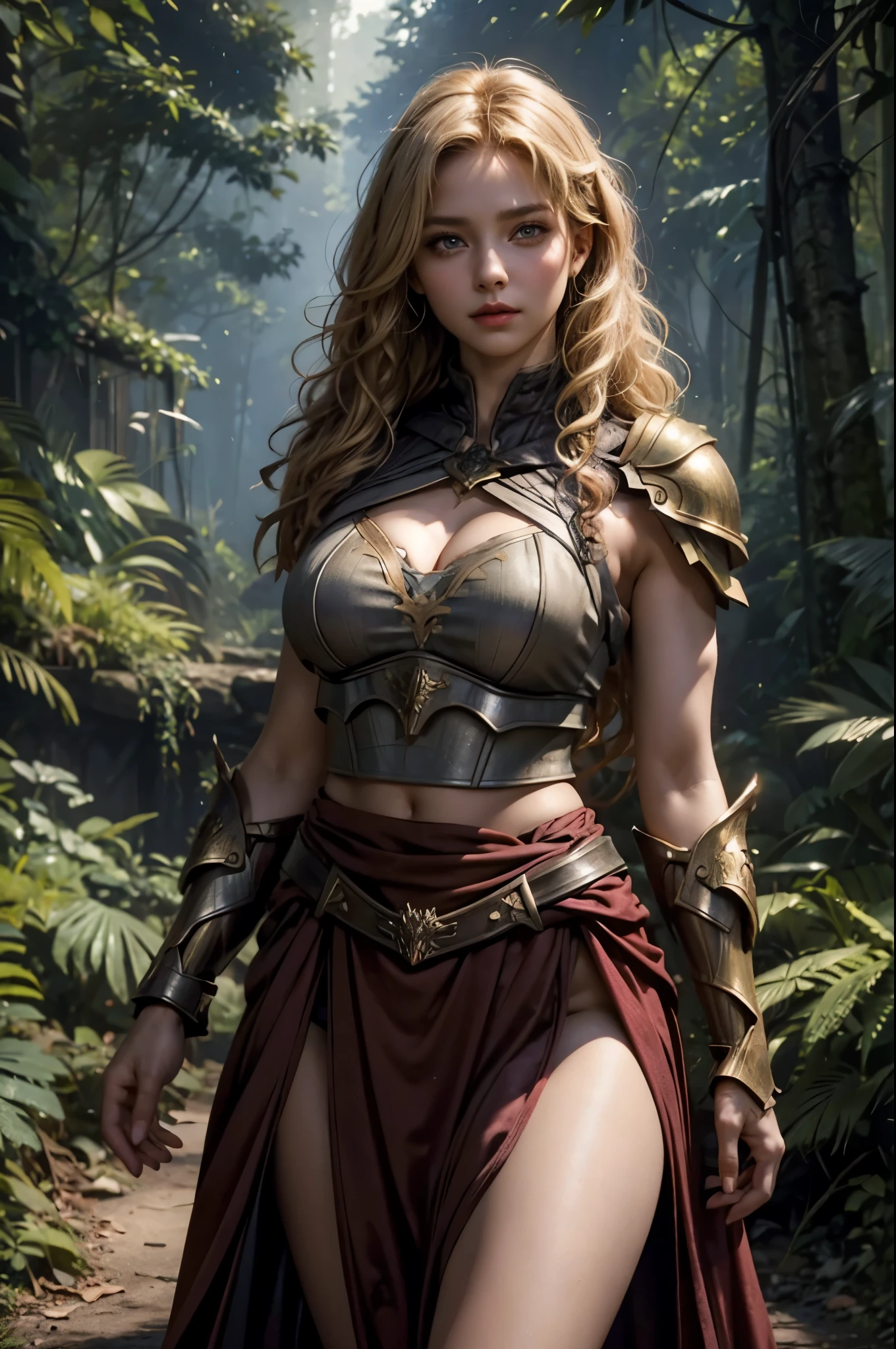 RAW photo, (photo-realistic), masterpiece, Hyper Real, beautiful girl, idol face, beautiful detailed Hazel eyes, Blonde Curly Hair, Slim fit body, large breasts, Narrow waist, Rosy lips, Iris, iron breast armor, shoulder armor, loincloth, cloak, in the dark forest,