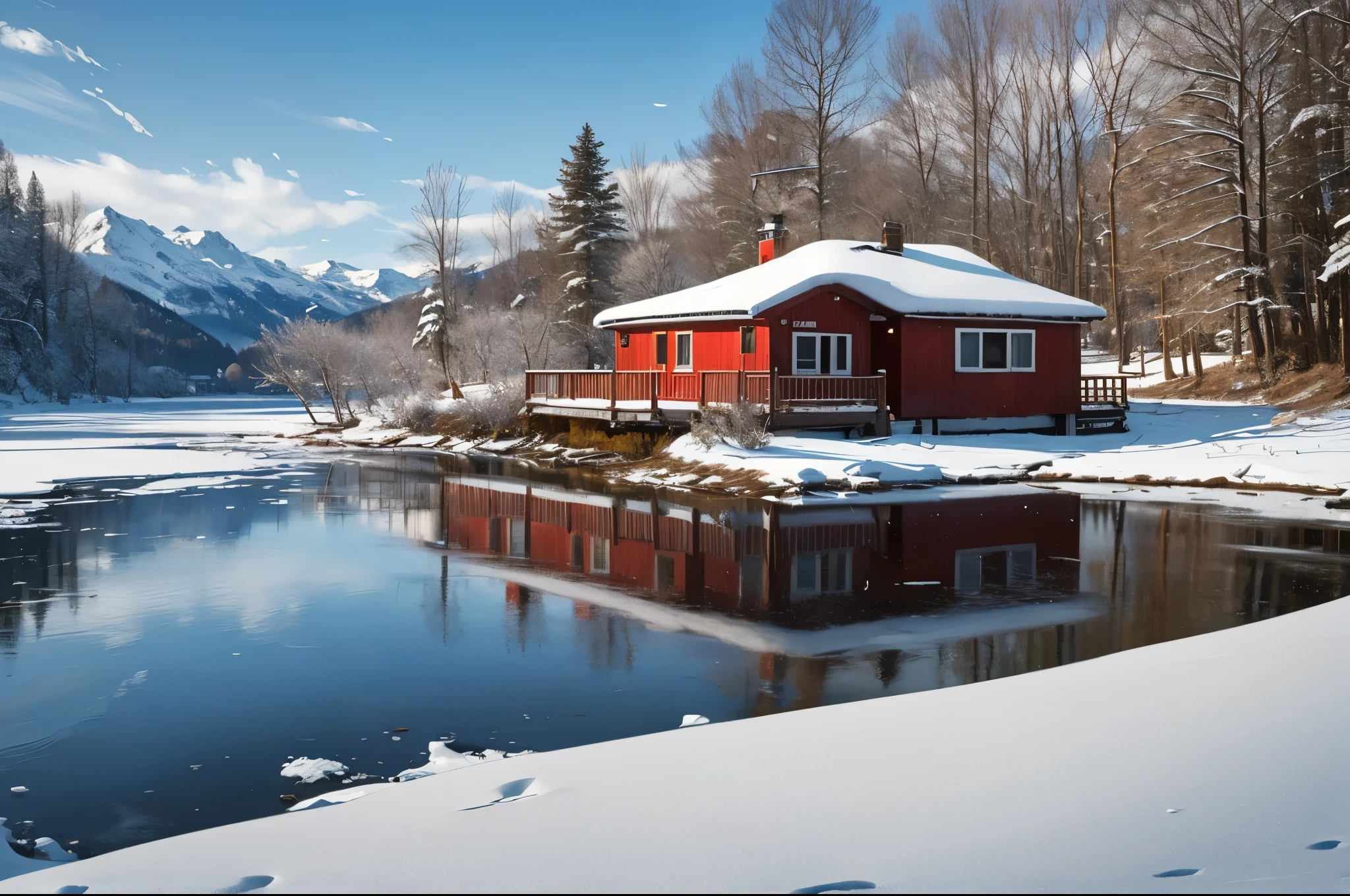 (best quality, 4k, highres, masterpiece:1.2), snowy mountains, snowy landscape, crystal clear lake, small boat, red wooden house on snowy ground, snow-covered roof