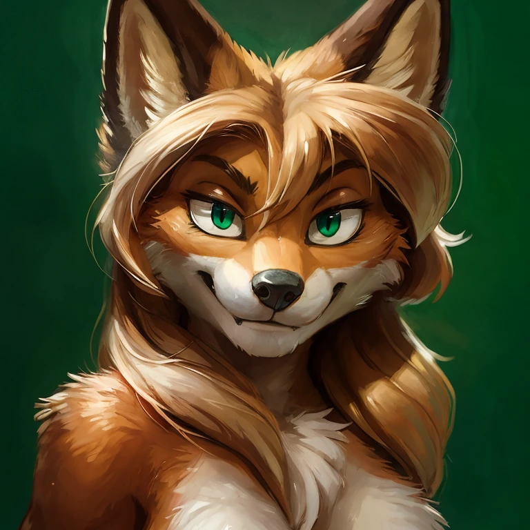 averi, fox girl, big chest, day, sexy, sensual, detailed, uploaded to e621, beautiful and detailed portrait of an anthropomorphic vixen ((female))) kenket, ross tran, ruan jia, uploaded to e621, zaush, foxovh, film lighting, simple green background, staring, looking at the camera, front view, smug face, smug smile, seductive eyes