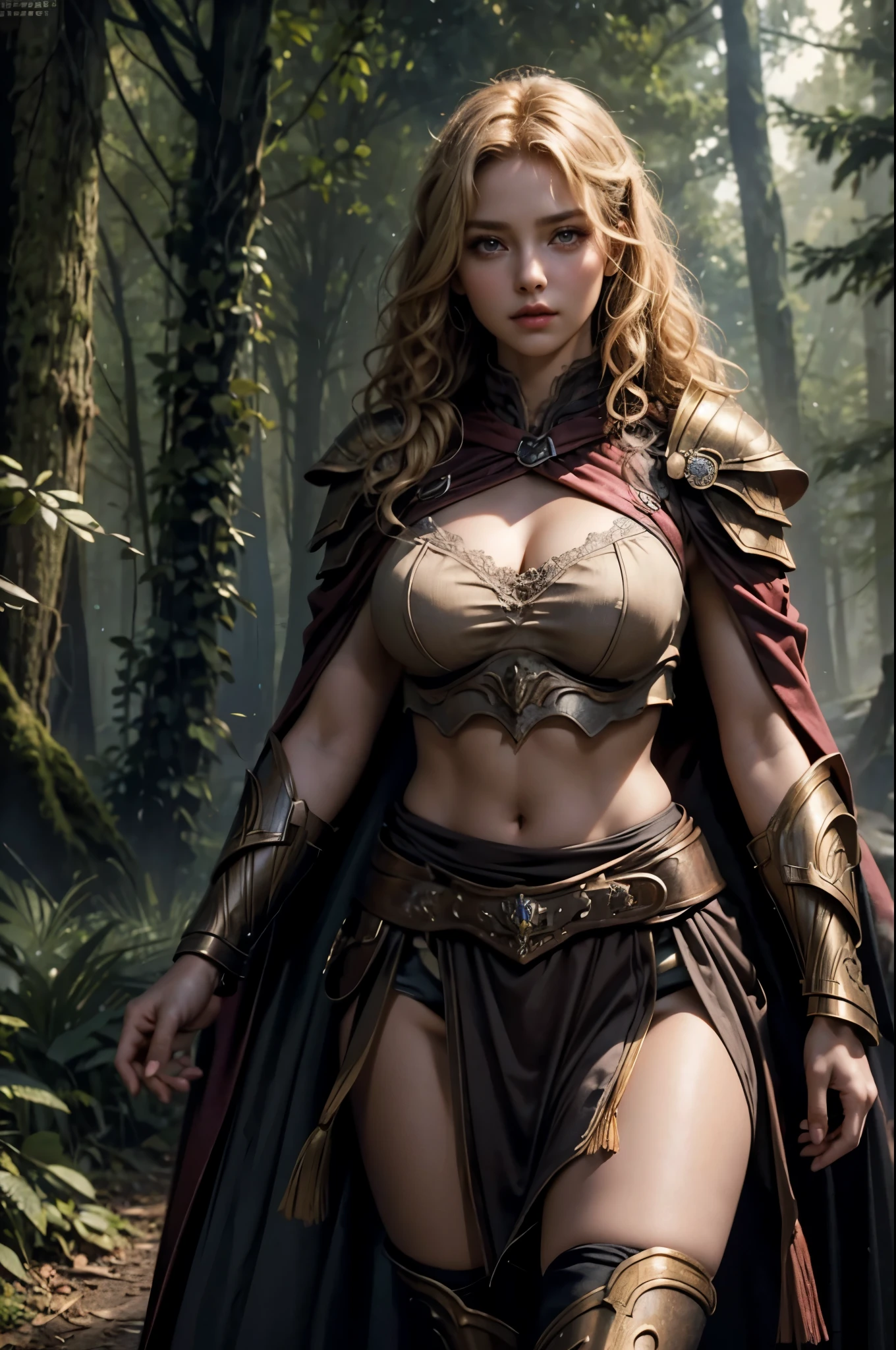 RAW photo, (photo-realistic), masterpiece, Hyper Real, beautiful girl, idol face, beautiful detailed Hazel eyes, Blonde Curly Hair, Slim fit body, large breasts, Narrow waist, Rosy lips, Iris, iron breast armor, shoulder armor, loincloth, cloak, in the dark forest,