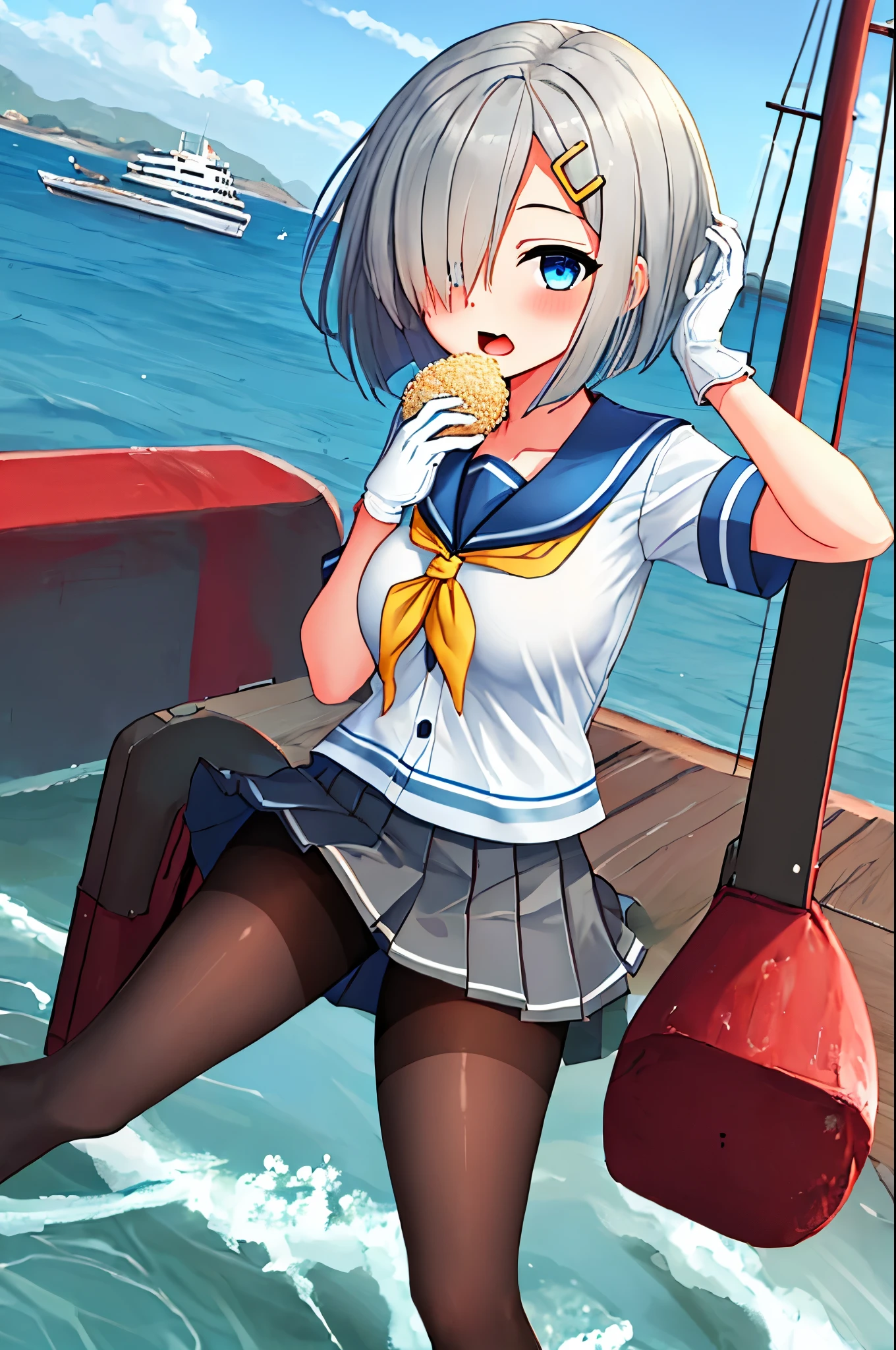 best quality, masterpiece, highres, solo, {hamakaze_kantaicollection:0.90}, 1girl, loli,younger_teen,black_pantyhose, pleated_skirt, serafuku, short_sleeves, simple_background, white_background, yellow_neckerchief, white_gloves, looking_at_viewer, grey_skirt, blush, eyes_visible_through_hair, blue_sailor_collar, dynamic_posing,long_bangs,hair_over_one_eye,harbor_school_background,outdoor,large_breasts,riceball,girl_eating_riceballs,open_mouth