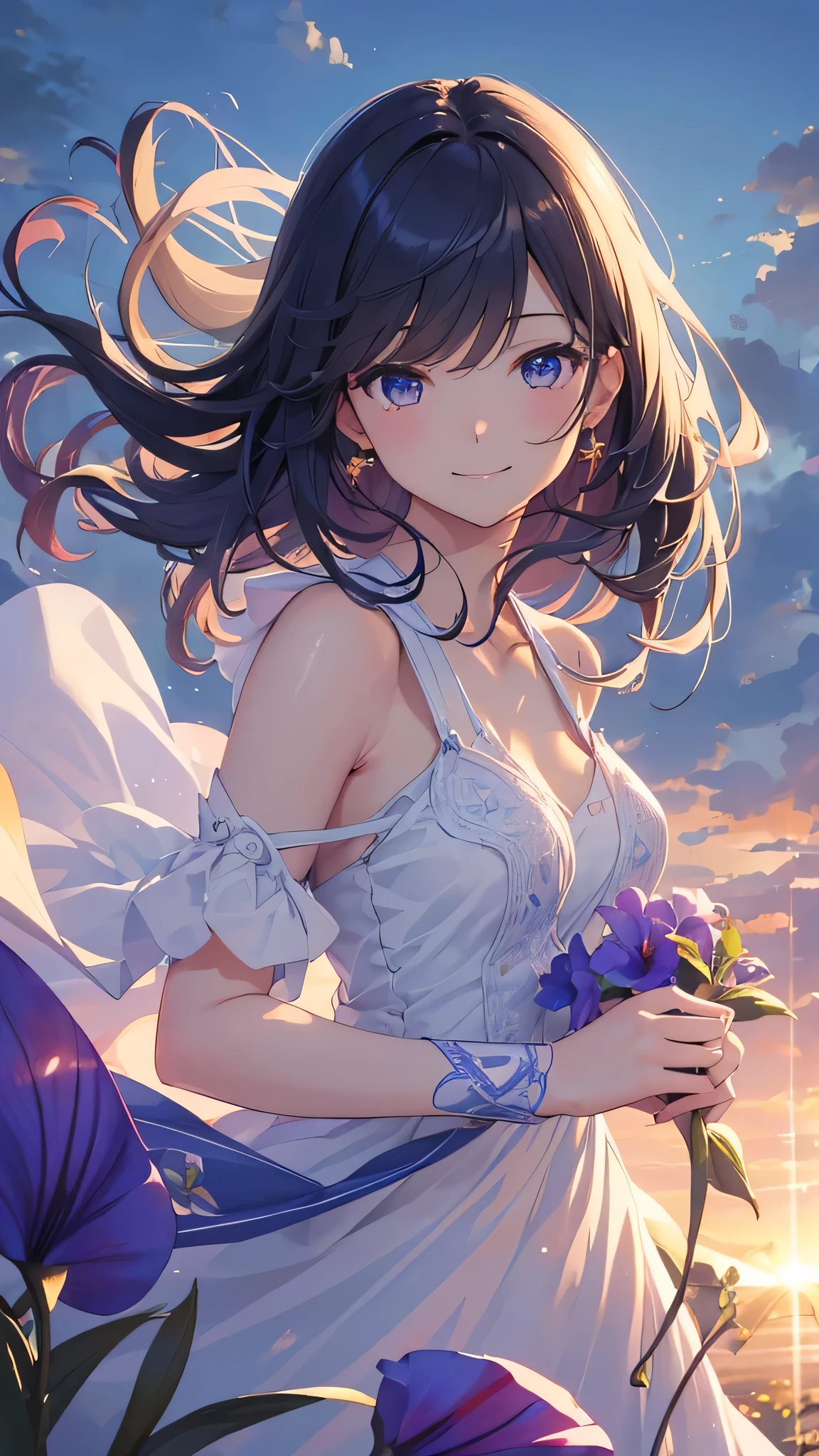 Morning glory flower をテーマにしたアートワーク, ((highest quality)), High resolution, 8k, Cinematic Light, High Contrast, Written boundary depth、smile、sharp、beautiful, Strong brilliance, Detailed Background, One Girl, cute, fine grain, Shining Eyes, Detailed Iris、 Morning sunlight、Fresh breeze