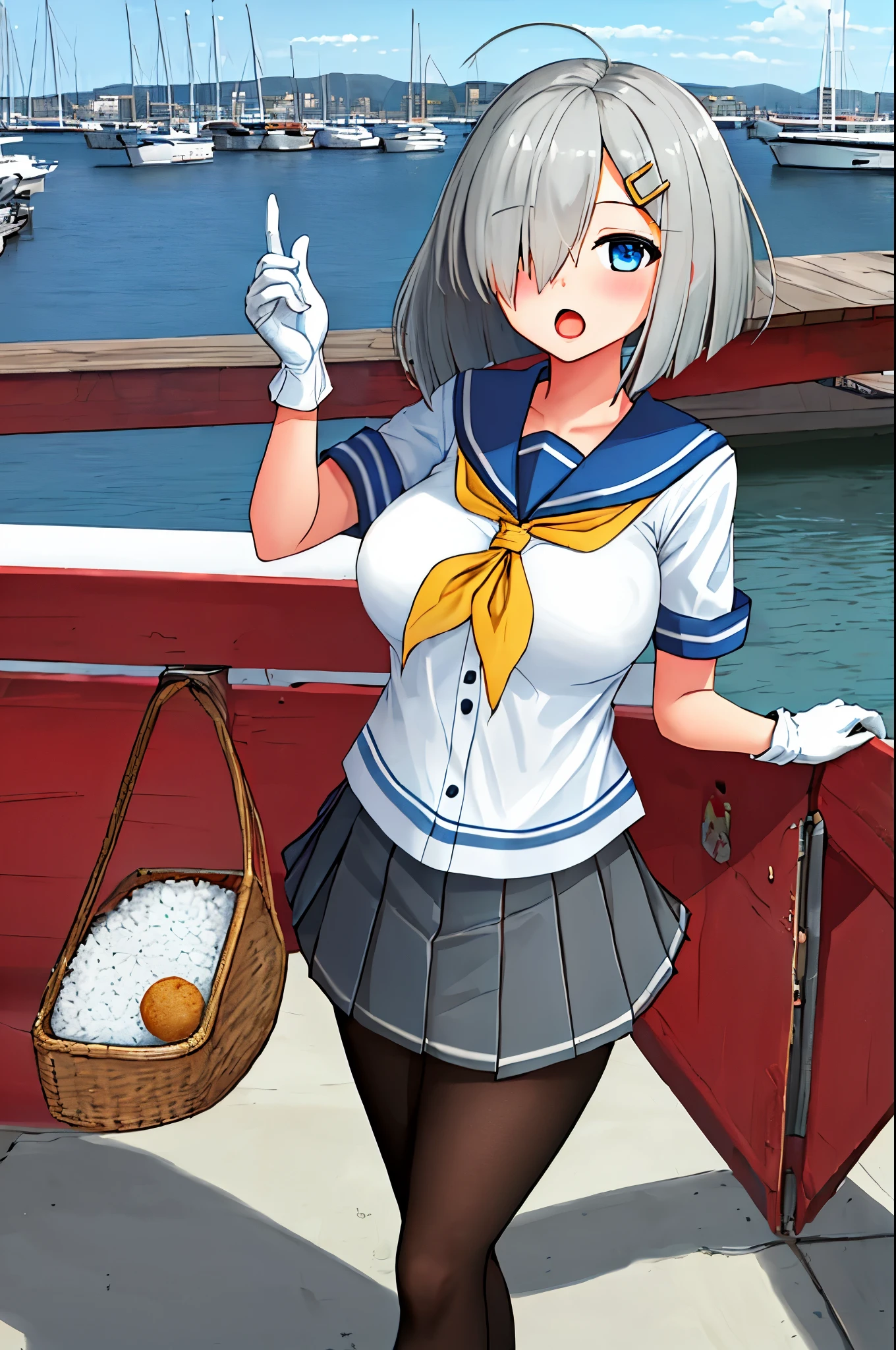 best quality, masterpiece, highres, solo, {hamakaze_kantaicollection:0.90}, 1girl, ,younger_teenck_pantyhose, pleated_skirt, serafuku, short_sleeves, simple_background, white_background, yellow_neckerchief, white_gloves, looking_at_viewer, grey_skirt, blush, eyes_visible_through_hair, blue_sailor_collar, dynamic_posing,long_bangs,hair_over_one_eye,harbor_school_background,outdoor,large_breasts,riceball,girl_eating_riceballs,open_mouth