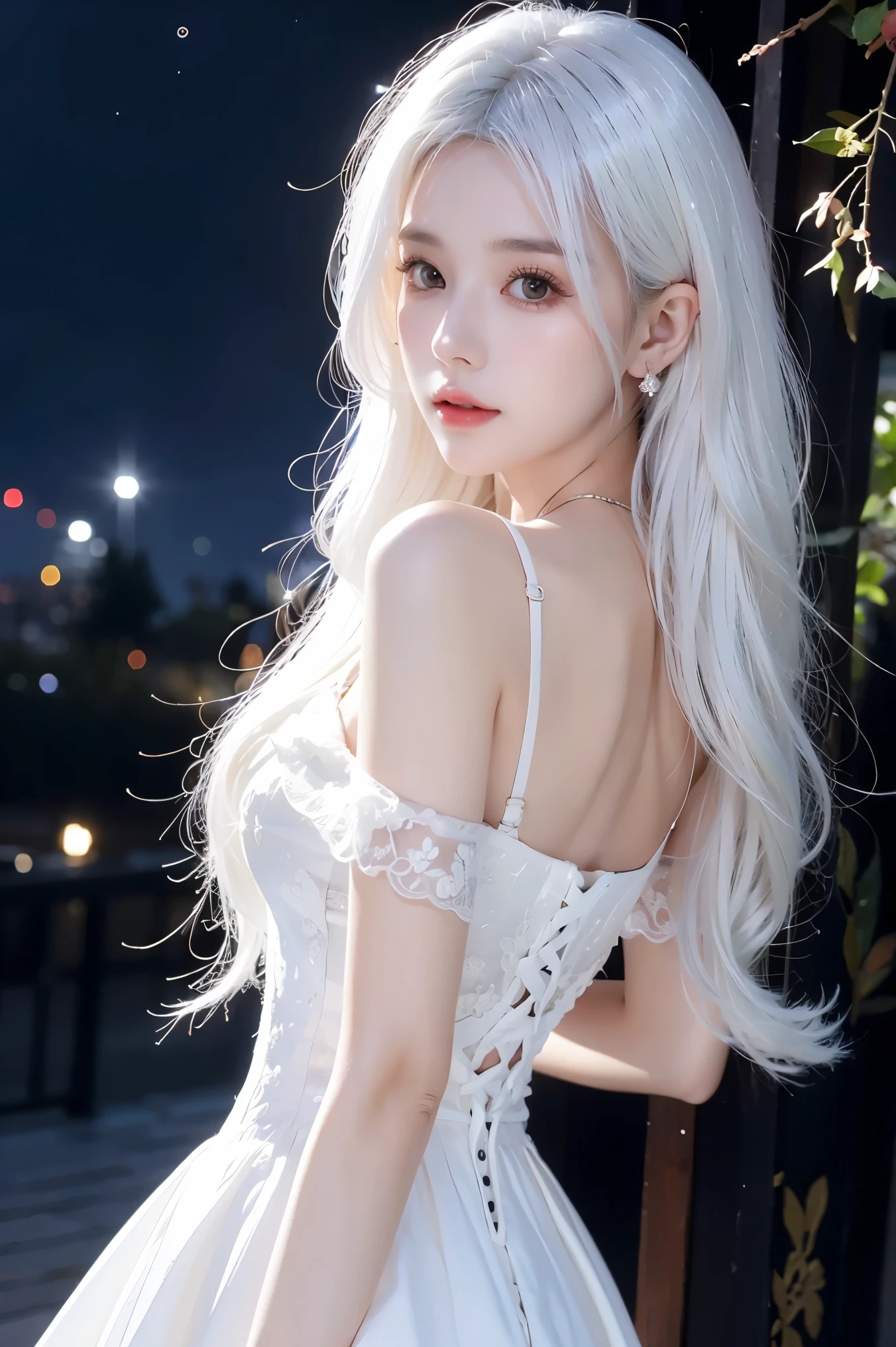 (((From this knee up)), Night view, Stella, (((masterpiece:1.5, detailed:1.4)), top view, Backlight, A fantastic atmosphere envelopes this ancient city as this sun sets。At this center of this magical moment is a woman、(White hair girl:1.5)and、Her beautiful hair、(Backlight)A shimmering white waterfall flows down from below.。Exudes mysterious charm、Suspended particles bloom in this surrounding air、Her beauty、（Beautiful white and shining skin:1.3）Exudes a mysterious glow。this((A dress as black as this night sky))It is beautiful and decorated、The off-shoulder design makes the overall look more feminine.
