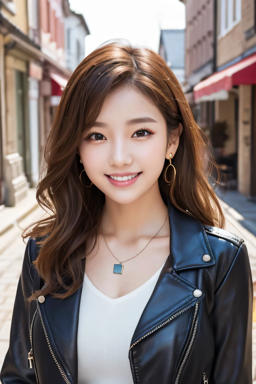 Beautiful young woman of the year、 Korean women、Light brown hair、Perm on hair、Necklace around the neck、leather jacket、shirt、smile, Beautiful teeth alignment、Intricate details, Very detailed:1.2), 、 Looking into the camera,The background is the town、Ear piercing

、Ear piercing