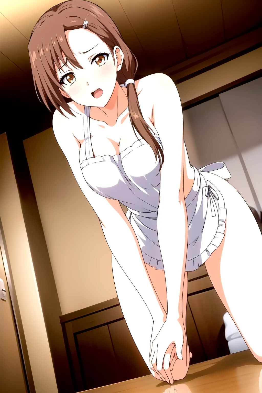 naked apron, Intact hands, naked apron,1 girl,20 years old, ,large Chest, Young women,Fair Finger,Fair long legs,Fair Body,Fair Nose,Fair character design, Perfect eyes, perfect Face,expressive eyes, looking at the audience,(lead_Body),(Focus on her Face), Official Art,Extremely detailed CG unity 8k wallpaper, Perfect Lighting,rich and colorful, bright_front_Face_Light,發Light的皮膚, (masterpiece:1.0),(the best_quality:1.0), Ultra-high resolution,4k,Super detailed, photography, 8K, HDR, high resolution, absurd:1.2, Kodak Portrait 400, Film Grain, Blurred background, Bokeh:1.2, 鏡頭Light暈, (Energetic_color:1.2) (Fair,Target_Chest:1.3), (Fair_Face:1.5),(narrow_waist)