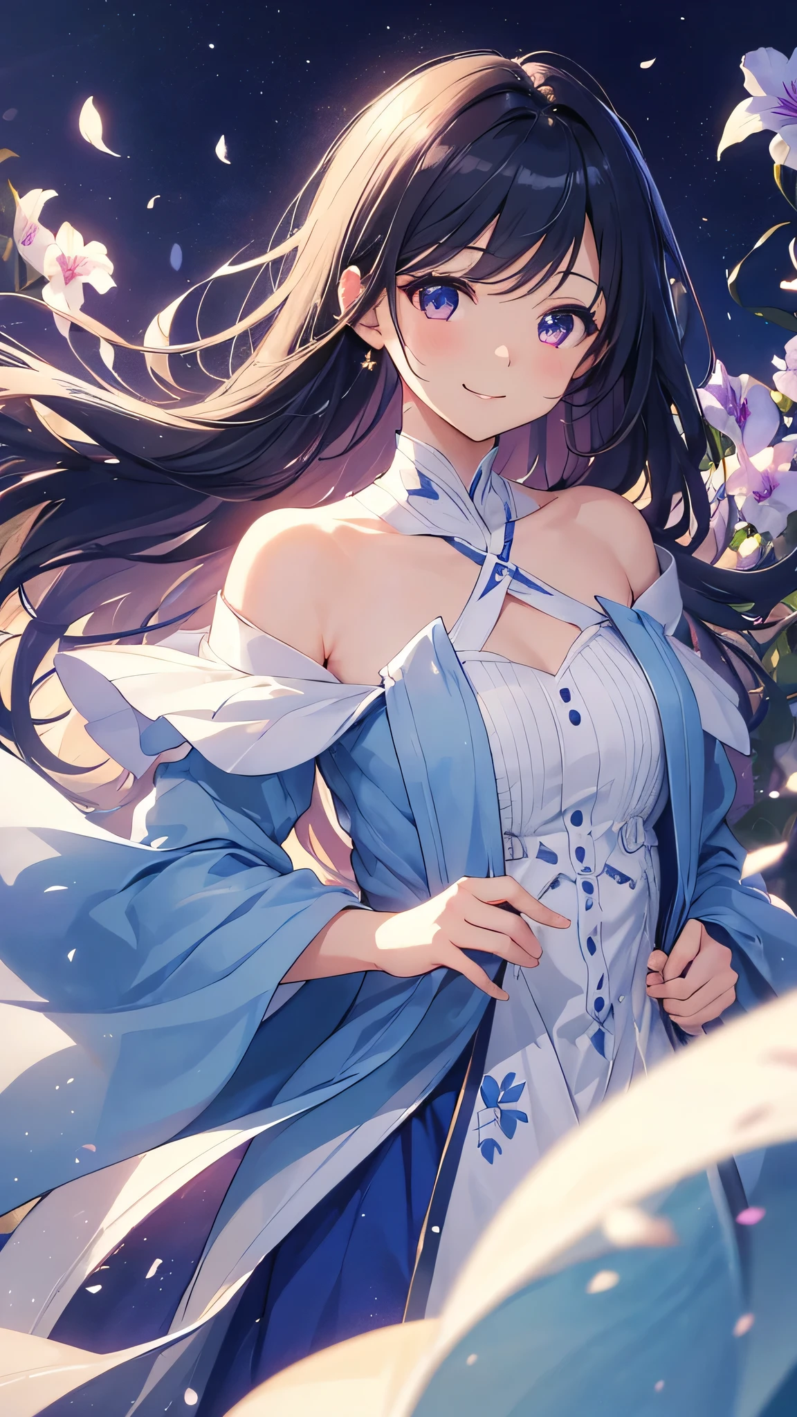 Morning glory flower をテーマにしたアートワーク, ((highest quality)), High resolution, 8k, Cinematic Light, High Contrast, Written boundary depth、smile、sharp、beautiful, Strong brilliance, Detailed Background, One Girl, cute, fine grain, Shining Eyes, Detailed Iris、 Morning sunlight、Fresh breeze