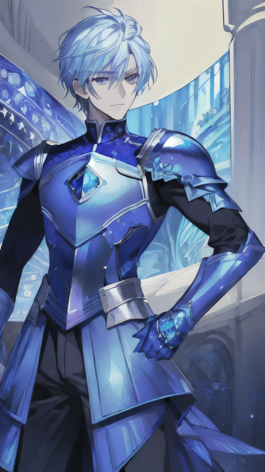 ((masterpiece)), ((best quality)), perfect detailed eyes, perfect detailed face, ((Blue sapphire armor)), knight, long sword, long blade, 20-year-old male, Knights of the Round Table, Arthurian legend, blonde hair, cowboy shot