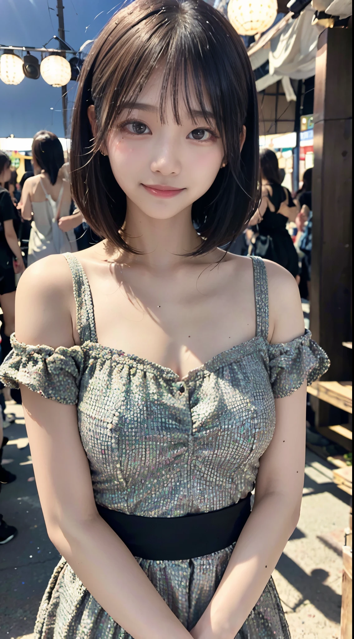 highest quality, masterpiece, expensive_resolution, One girl, On the body, Tyndall effect, photographのようにリアル,, Rim Light, Two-tone lighting, (expensive detailed skin:1.2), 8K Ultra HD, Digital SLR, Soft lighting, expensive quality, Volumetric lighting, Frank, photograph, expensive resolutionolution, 4K, 8k,Ultra high definition,Medium chest,Black Hair,Bangs,Pale skin,Short sleeve,Summer festival,night,short hair,Toothy smile,stall,Raise your eyebrows,Colored Contact Lenses,Smile,Whitening