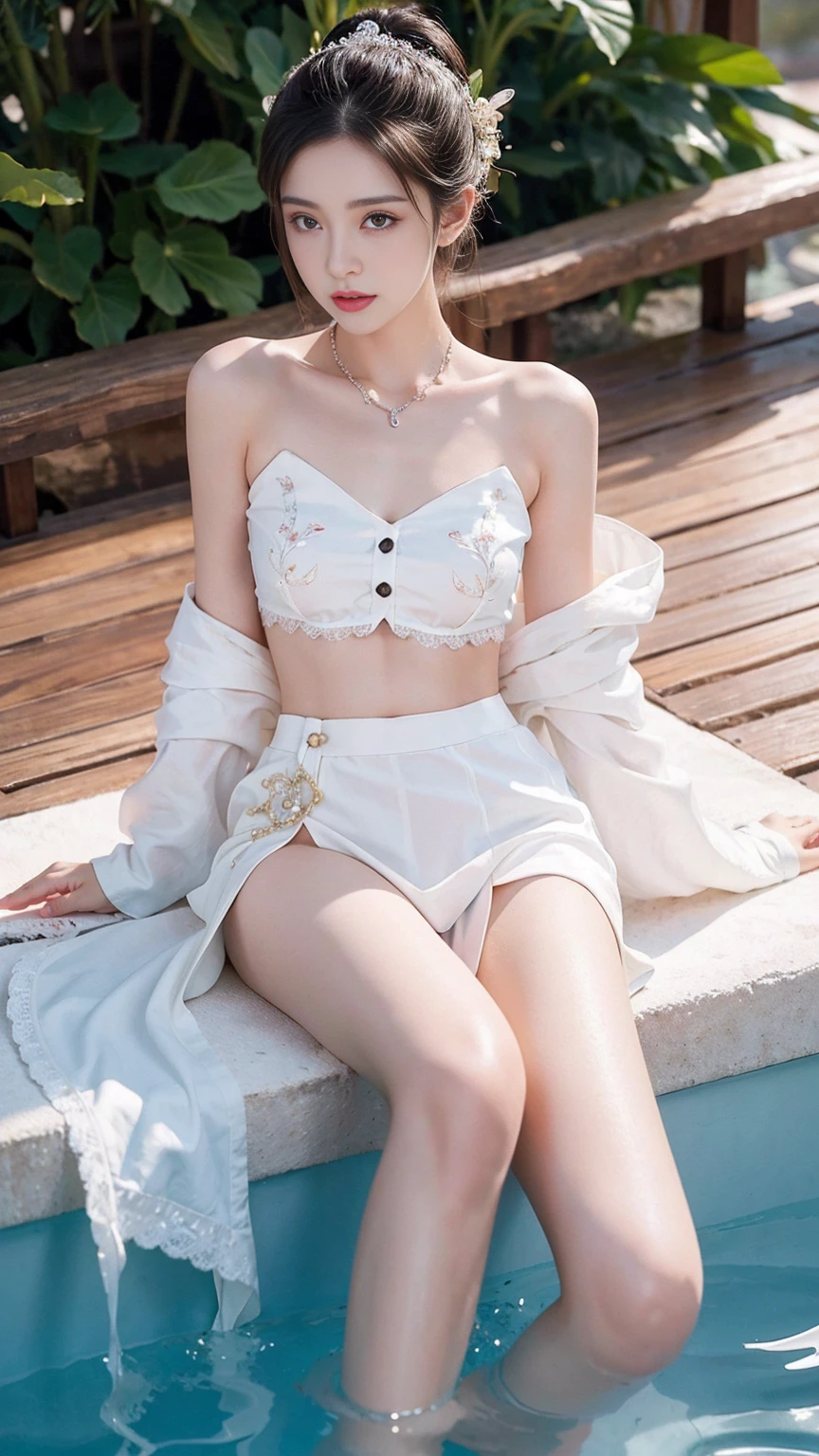 Best image quality，Very high resolution，Very detailed，pretty girl，Sitting in the pool，Long eyelashes，big eyes，Shining eyes，Eye bags，Full lips，Small nose，Happy expression，Sweet，Exquisite makeup，full-body shot，Snow-white skin，Slim body，take off shoulders，clavicle，abdomenband，abdomen，abdomen button，Slender white legs，White and tender skin，White Embroidered Mini Skirt，neckLace，Show your thighs，Lace，Sweet，Long hair flying，best quality，masterpiece，full-body shot，Face Focus，Slim body，细腰白色abdomenband，Imagine，full-body shot
Model: Hanfu, CFG scale: 7, Introducing high-end talents: 1.5, Laura: Future Fashion(0.4)、neon(0.4)、martial arts(0.8)、Asian Face Girls-2(0.4)、poetic fairy tale(0.01)