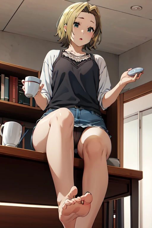 masterpiece, highest quality, High resolution, Horimiya、yoshikawa 、Blonde Short Hair、the body is slim、{front、From under the desk},{Pencil Mini Skirt, Bare feet and blue denim mini skirt、Lace panties are visible}whole body、Cowboy Shot, indoor, {Sit deep in a chair}, Holding a cup, coffee, Looking at the audience,Low - Angle