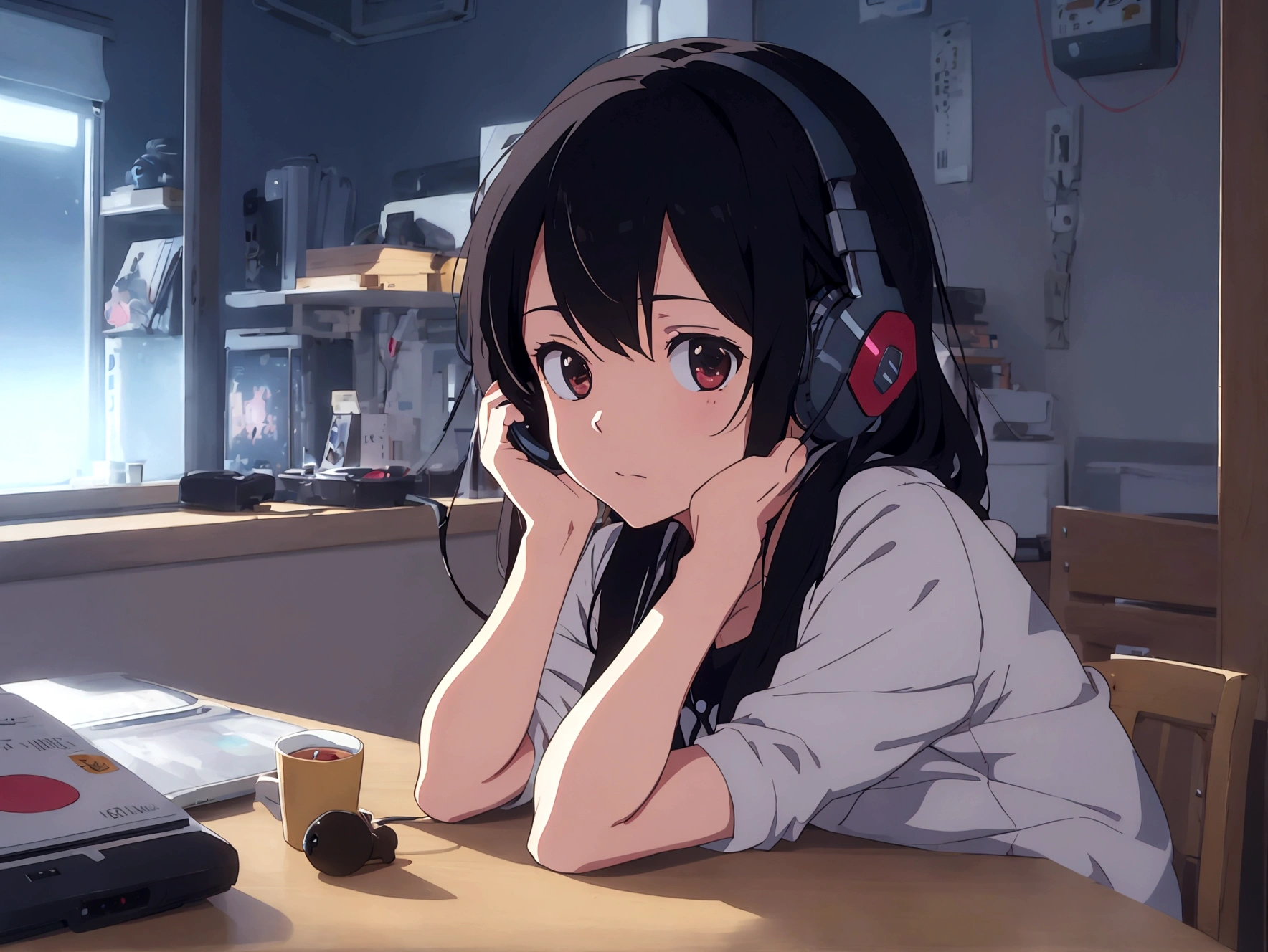Girl listening to music in a cozy room at night, Use headphones, 2D style anime, lo fi, hard disk, Dark medium, Makoto Shinkai art style, in style of Makoto Shinkai