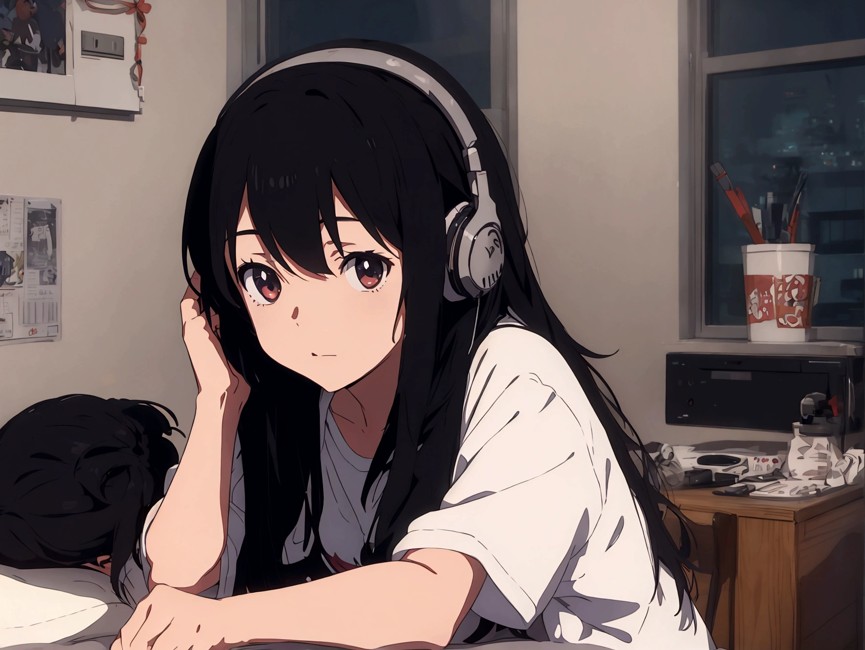 Girl listening to music in a cozy room at night, Use headphones, 2D style anime, lo fi, hard disk, Dark medium, Makoto Shinkai art style, in style of Makoto Shinkai