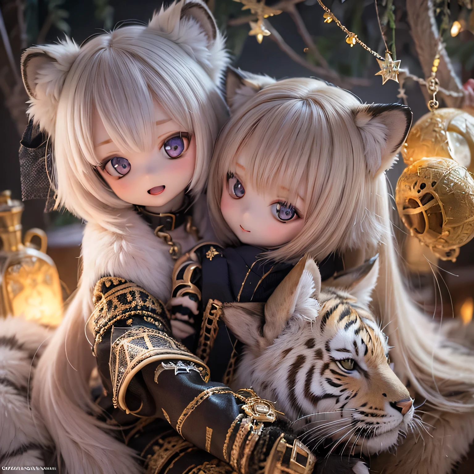 (highest quality,4K,8k,High resolution,masterpiece:1.2),Very detailed,Realistic,White Tiger Girls Chibi,Beautiful details,Long eyelashes,Detailed lips,A girl in colorful and cute clothes,A tall tree with vibrant flowers々々Play in the Magical Garden,Soft, warm sunlight hitting the trees々Plug in from between,Creates a magical and dreamy atmosphere,Sparkling fairy dust floating in the air,Bring a sense of glamour and wonder to your scenes,The skin has a delicate and intricate tiger pattern..,Glows softly, Mysterious Light,The innocent and happy expressions of the girls, 
Emphasize a pure and playful personality,Small and adorable chibi characters, 
Adds cuteness, A harmonious blend of reality and fantasy, 
Evokes childlike joy and imagination, vibrant and lively color palette, 
Shades of pink, purple, Blue and,Painting-like texture, Add depth and richness to your artwork, Capture the magical essence of the scene.