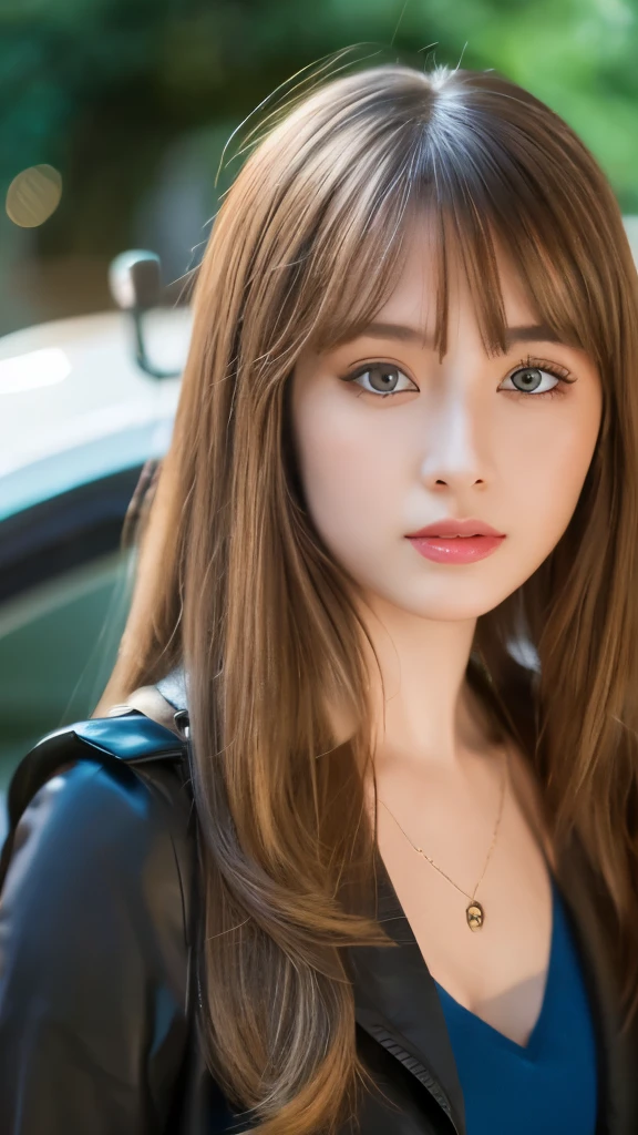 Best quality, 8k, ,Masterpiece :1.3)), facing viewer,((full body1.2)) ,pretty woman, wide shot ,1girl, , , ,car circuit , brown hair , bangs,ultra-detailed face, highly detailed lips, detailed eyes, double eyelid