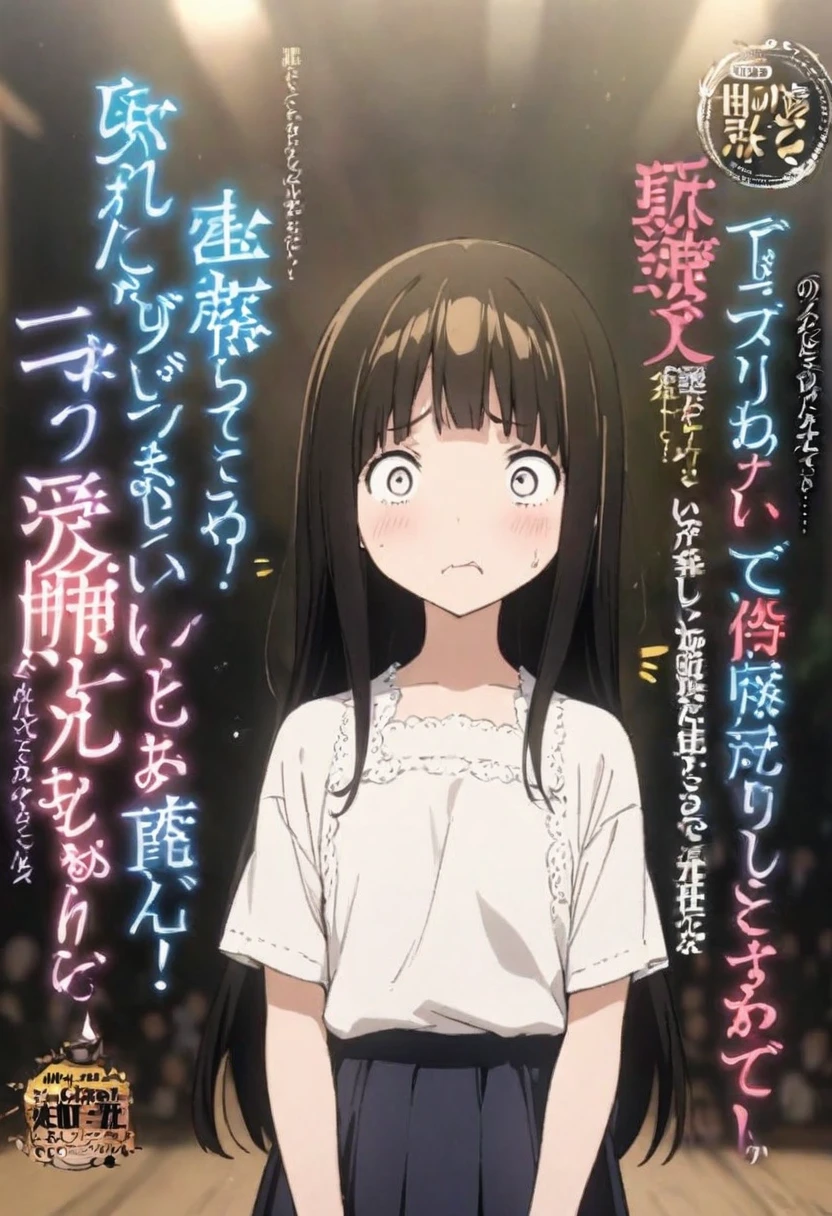Magazine cover(masterpiece, best quality:1.2),,(((The eyes are delicate)))Fraction_9,Fraction_8_up,Fraction_7_Direction_6_up, source_Japanese cartoons, disgusted face, Solitary, 1 Girl, looking at the audience, disgust, skirt, upper body, White background , long hair, Hair combed back,Shadowed side,(8K)(HD)