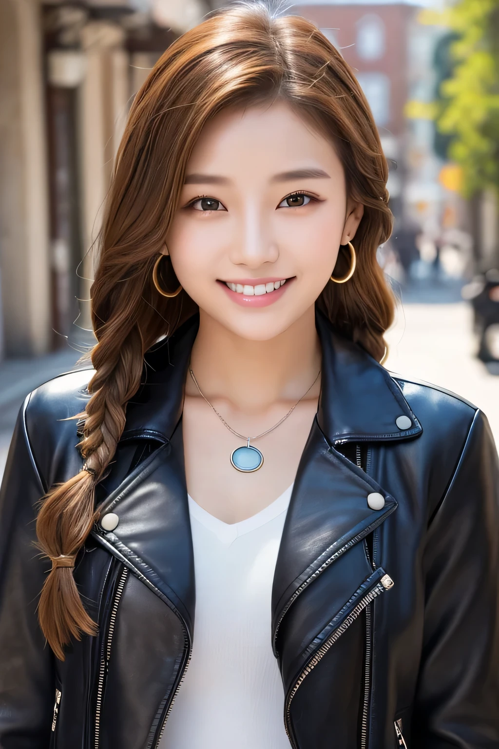 Beautiful young woman of the year、 Korean women、Light brown hair、Braided Dreadlocks、Necklace around the neck、leather jacket、shirt、smile, Beautiful teeth alignment、Intricate details, Very detailed:1.2), 、 Looking into the camera,The background is the town、Ear piercing

、Ear piercing