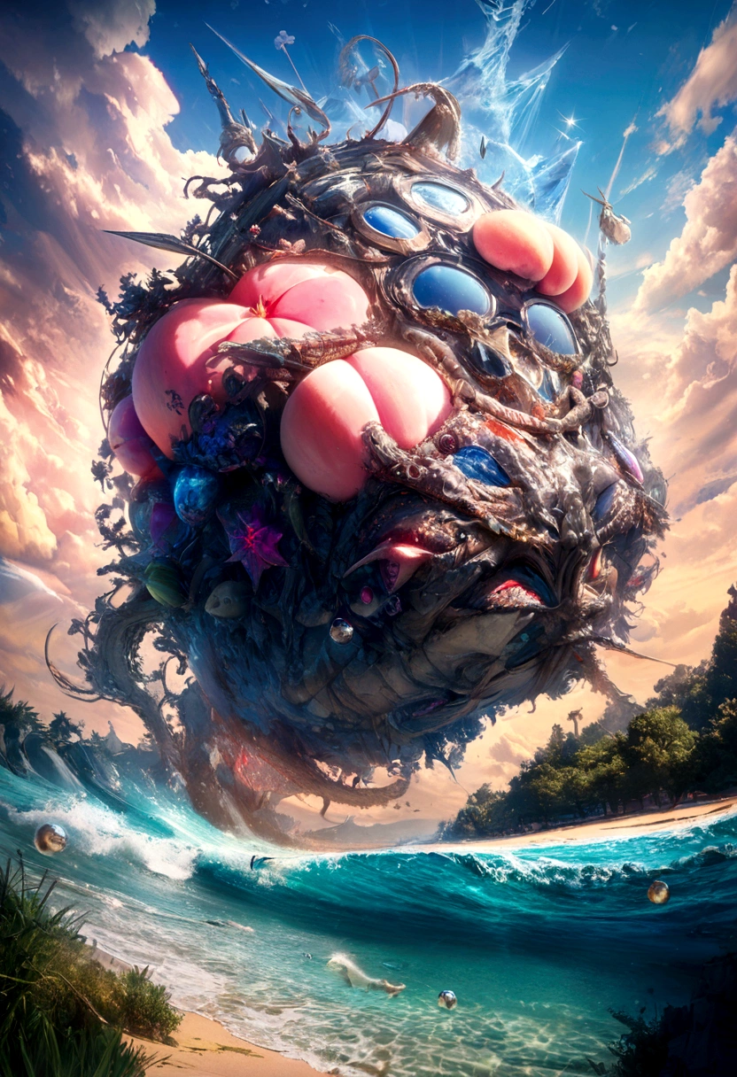 A Peach with a sea World, Sunny beach, Cheesy milk - covered clouds, decorated with sparkling water droplets, C4D, OC rendering, HD 8K, in realistic and ultra – detailed rendering stvles. C4D.octane rendering, behance, Surrealism
