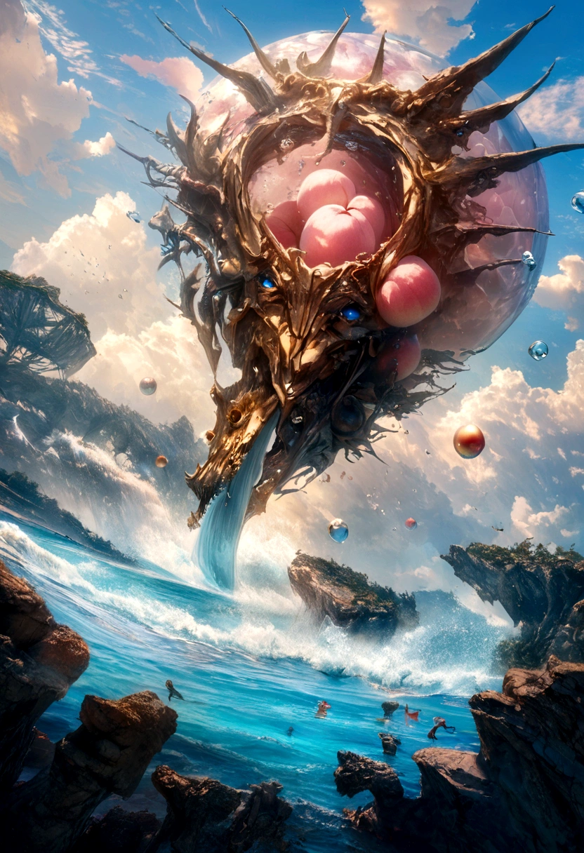 A Peach with a sea World, Sunny beach, Cheesy milk - covered clouds, decorated with sparkling water droplets, C4D, OC rendering, HD 8K, in realistic and ultra – detailed rendering stvles. C4D.octane rendering, behance, Surrealism