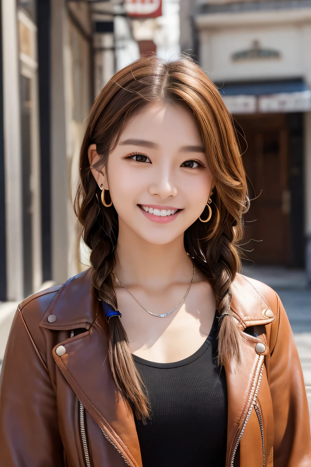 Beautiful young woman of the year、 Korean women、Light brown hair、Braided Dreadlocks、Necklace around the neck、leather jacket、shirt、smile, Beautiful teeth alignment、Intricate details, Very detailed:1.2), 、 Looking into the camera,The background is the town、Ear piercing
、Ear piercing
