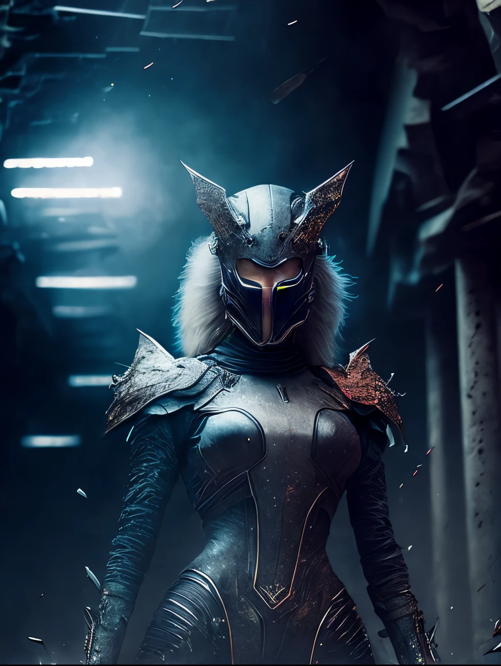 Breathtaking sci-fi cinematic photo of a portrait of a non-human masked supervillain woman made of ash, body full of falling ash and glowing metrics inside, olhos multicoloridos brilhantes, olhos multifacetados, metal arms, inside a destroyed building, extremely threatening creature, altamente detalhado, premiado