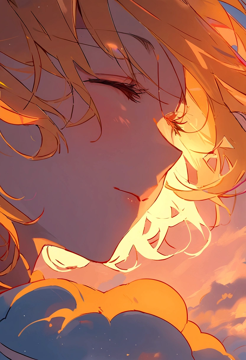 Masterpiece, Highest quality, Movie Steel, 1 woman, cloud girl, floating in the sky, close up, brightness, happiness, Warm and soft light, sunset, sleepหลับ, sleepหงาย, sleep, Close your eyes. (Sparks:0.7)