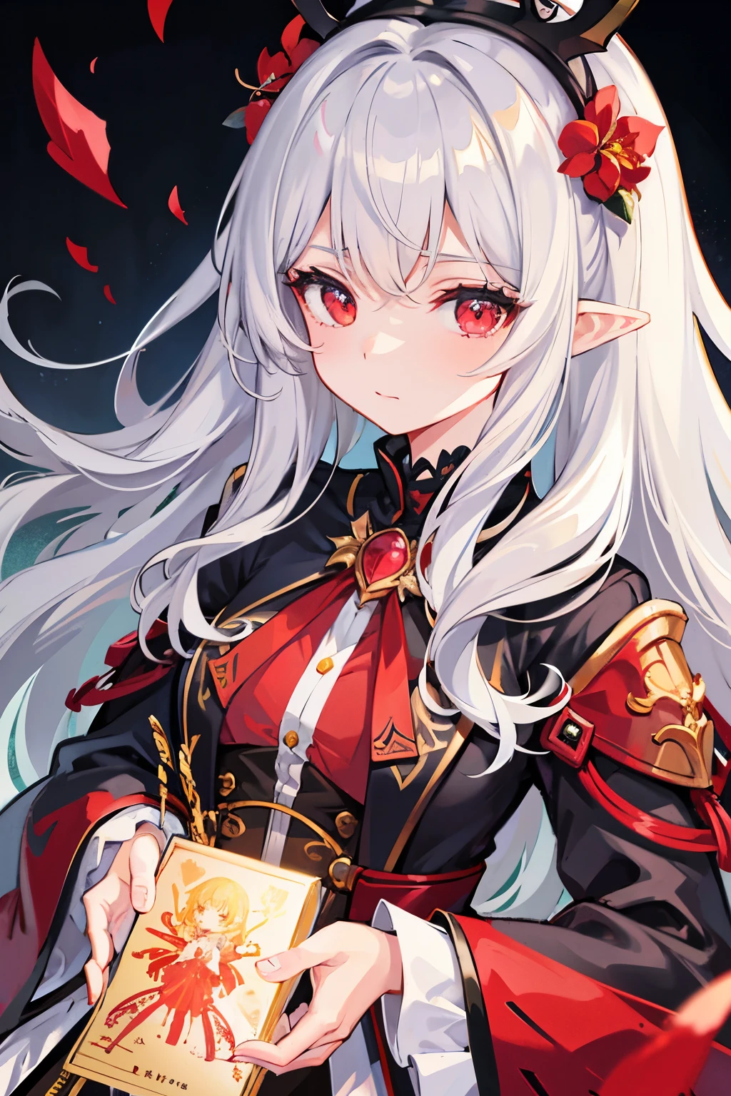 {{masterpiece}},highest quality,Very detailed,Very detailed CG ユニティ 8k 壁紙,An illustration, One girl, Red eyes, Wavy silver hair, Pointed Ears, vampire, dress, necklace, Hair Flowers, snow, ice, whole body, shot,High Close-up, Very detailed,Center Frame,Sharp focus, View Viewer, Floating hair,