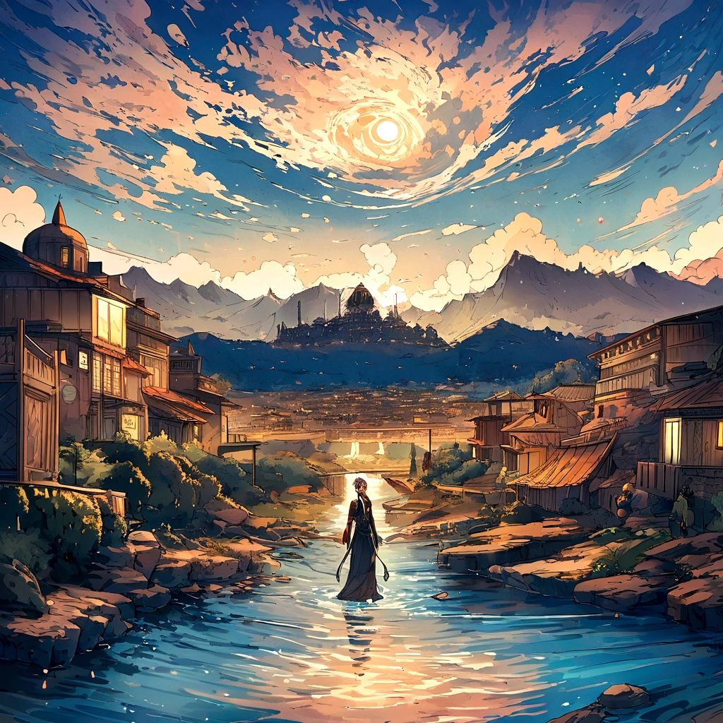Intricate painting details of city skyline reflecting in the water of a bay in front by range murata, galaxy in the background, nuvens, cor viva, Alto contraste, montanha, arte de linha vetorial, destaques laranja, trends on pixiv, arte conceitual de anime, grudar, Mattire, alta qualidade, De ponta a ponta, Sanskrit