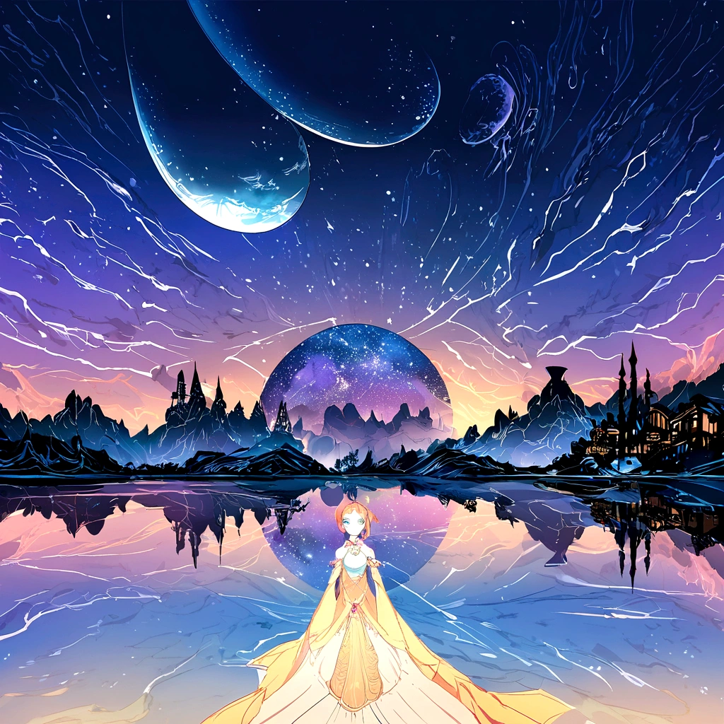 Intricate painting details of city skyline reflecting in the water of a bay in front by range murata, galaxy in the background, nuvens, cor viva, Alto contraste, montanha, arte de linha vetorial, destaques laranja, trends on pixiv, arte conceitual de anime, grudar, Mattire, alta qualidade, De ponta a ponta, Sanskrit
