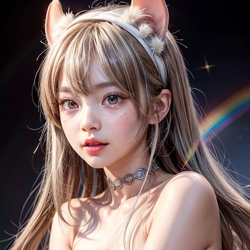 NSFW, (Acutance:0.88), High-level, 8K Masterpiece TopQuality, Ultra-detailed CommercialPhoto, Ultra-detailed wallpaper, perfect lighting, Extremely detailed (((The personifying " Centaur  " as a TinyGirl))), MysticSight, Absurd, Primitive, Tyndall Effect Scattering, (Studio gray background with (Overflowing oodles Dazzling RainbowColorParticles BokeH)), (RoundlyButts), (Exposed:0.4), Assfocus  BREAK  (NOGIZAKA face variations)  Extremely Detailed very KAWAII face variations, perfect anatomy, Childish, CaptivatingGaze, Elaborate Pupils Detailed Eyes with (sparkling highlights:1.28), (Voluminous long eyelashes:0.88), GlossyRED Lips with beautiful details, Rosy Cheeks, Radiant PearlSkin with clear transparency, Glowing DowneyHair, { ((Dynamic LifeLike expressions:1.4)) | (:d) } . (large eyes:-1) .