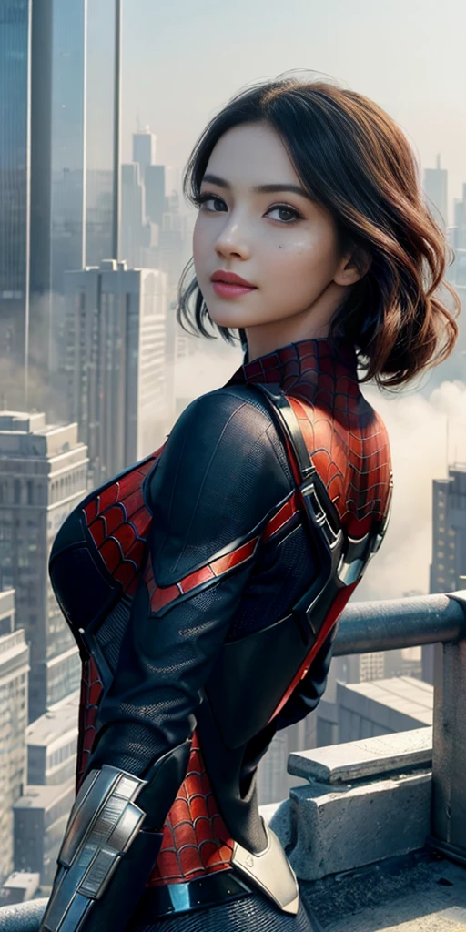 (1girl:1.3), Solo, (((Very detailed face)))), ((Very detailed eyes and face)))), Beautiful detail eyes, Body parts__, Official art, Unified 8k wallpaper, Super detailed, beautiful and beautiful, beautiful, masterpiece, best quality, original, masterpiece, super fine photo, best quality, super high resolution, realistic realism, sunlight, full body portrait, amazing beauty, dynamic pose, delicate face, vibrant eyes, (from the front), She wears Spider-Man suit, red and black color scheme, spider, very detailed city roof background, rooftop, overlooking the city, detailed face, detailed complex busy background, messy, gorgeous, milky white, highly detailed skin, realistic skin details, visible pores, clear focus, volumetric fog, 8k uhd, DSLR, high quality, film grain, fair skin, photo realism, lomography, futuristic dystopian megalopolis, translucent