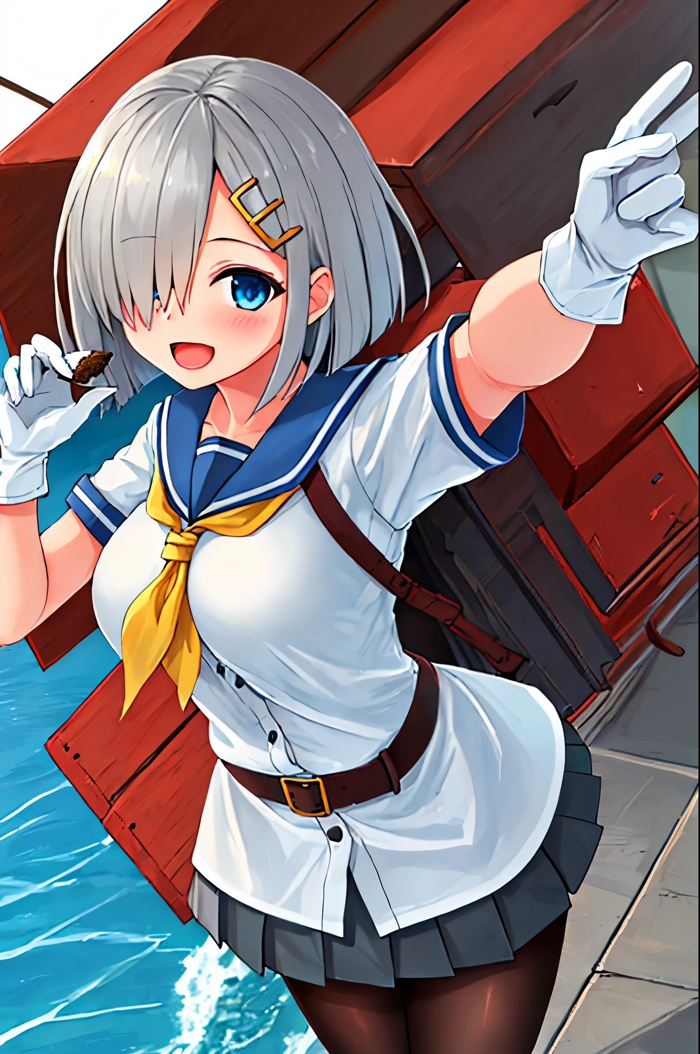 best quality, masterpiece, highres, solo, {hamakaze_kantaicollection:0.90}, 1girl, loli,younger_teen,black_pantyhose, pleated_skirt, serafuku, short_sleeves, simple_background, white_background, yellow_neckerchief, white_gloves, looking_at_viewer, grey_skirt, blush, eyes_visible_through_hair, blue_sailor_collar, dynamic_posing,long_bangs,hair_over_one_eye,harbor_school_background,outdoor,large_breasts,onigiri,riceball,girl_eating_riceball,happy,open_mouth