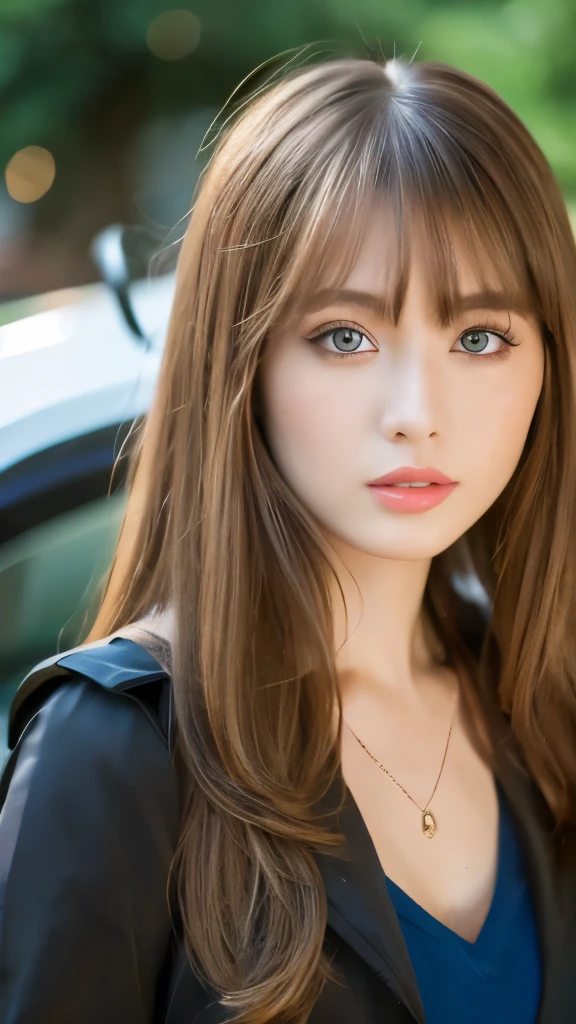 Best quality, 8k, ,Masterpiece :1.3)), facing viewer,((full body1.2)) ,pretty woman, wide shot ,1girl, ,  , ,car circuit , brown hair , bangs,ultra-detailed face, highly detailed lips, detailed eyes, double eyelid
